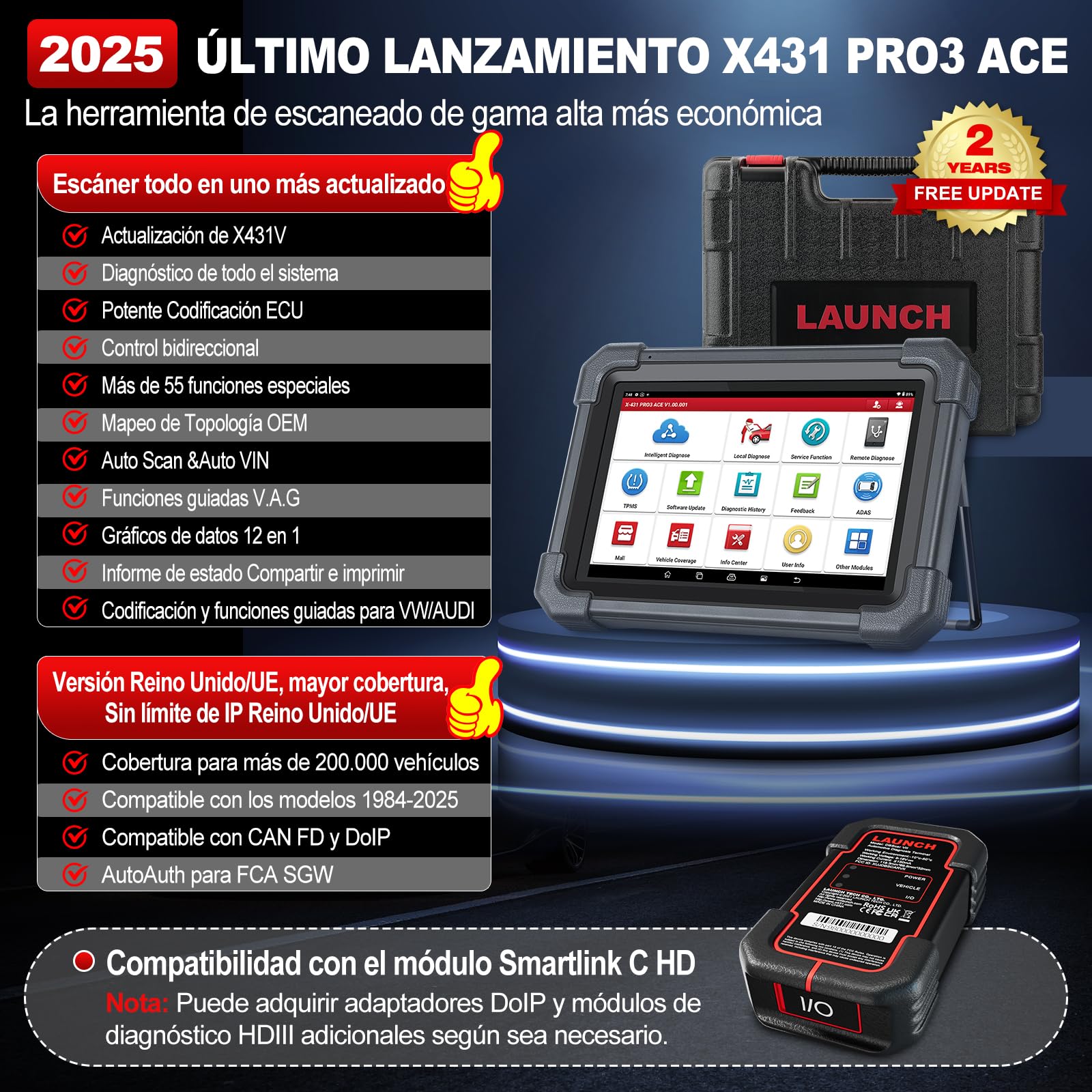 LAUNCH X431 PRO3 Ace OBD2 Diagnosis Coche Multimarca DBScar Bluetooth, Mapeo Topológico, Codificación ECU, CANFD&DoIP, 55+ Servicios, Función SGW, Vehículo Pesado Expanda Escáner, Guiada V.A.G.