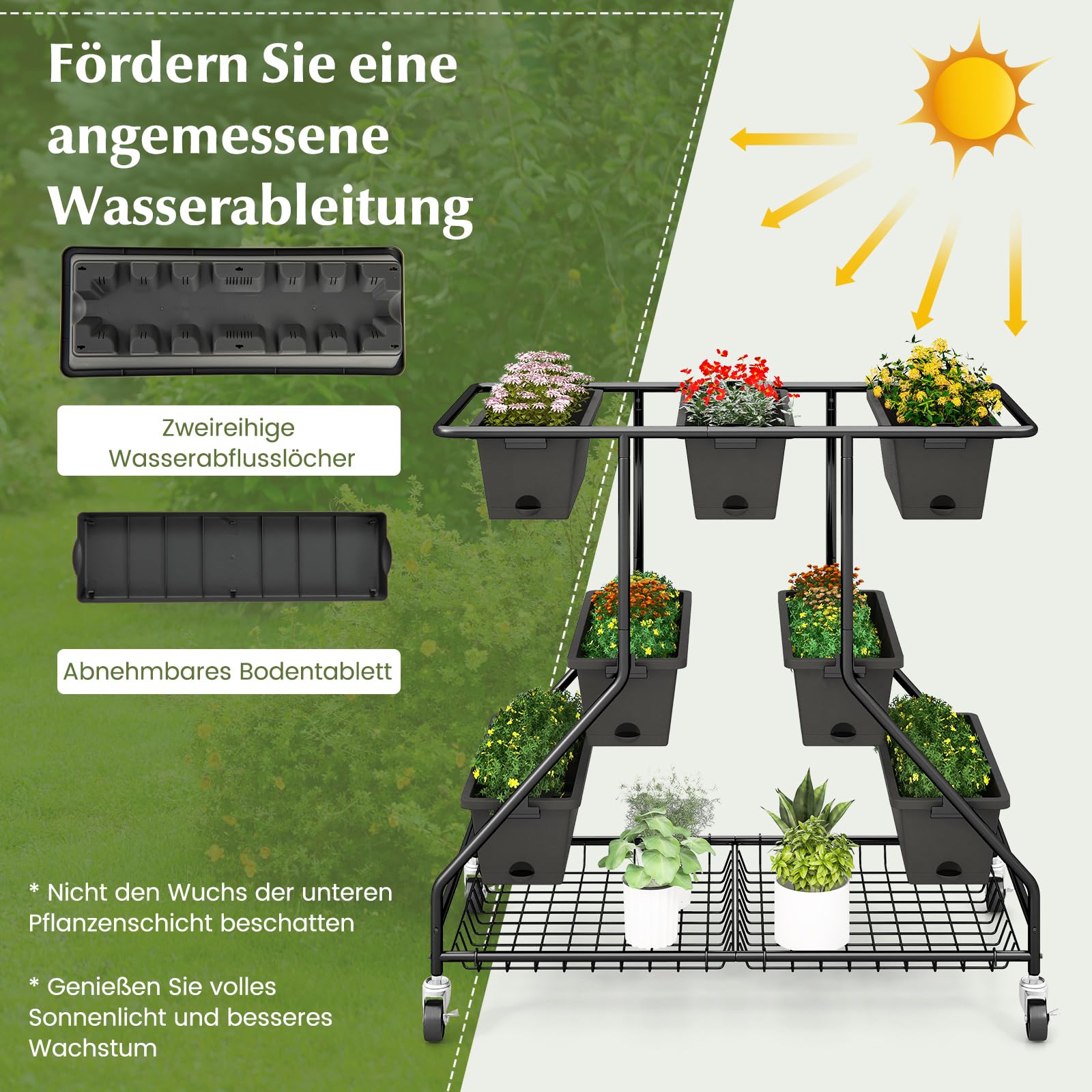RELAX4LIFE Blumenständer, Pflanzenständer mit 7 Pflanzkästen, Blumentreppe mit 2 Körben, Hochbeet aus Metall und PP, freistehendes Pflanzenregal mit Rädern für Balkon, Garten, Terrasse, Schwarz
