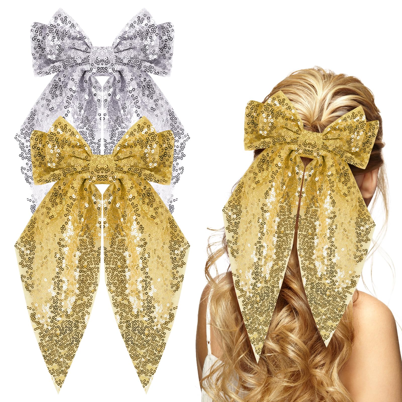 Kunyeah 2 Uds. de lazo brillante para niñas, pasador para el pelo, lazo grande, pasador para el pelo, horquilla francesa vintage, accesorios para el cabello (oro/plata)