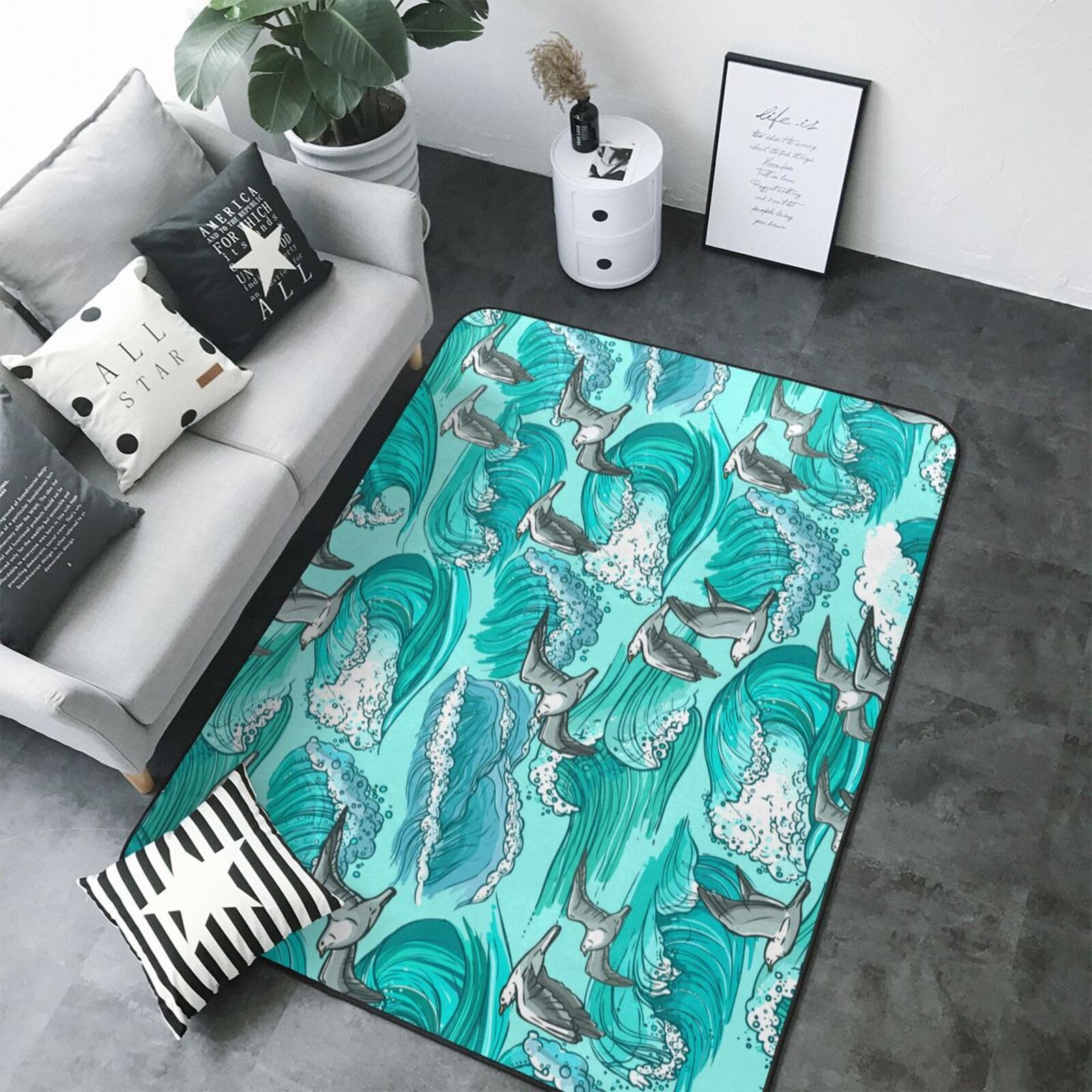 Onde Schizzo Gabbiano Uccelli, Tappeto grande antiscivolo per soggiorno e camera da letto, 208 x 148 cm.