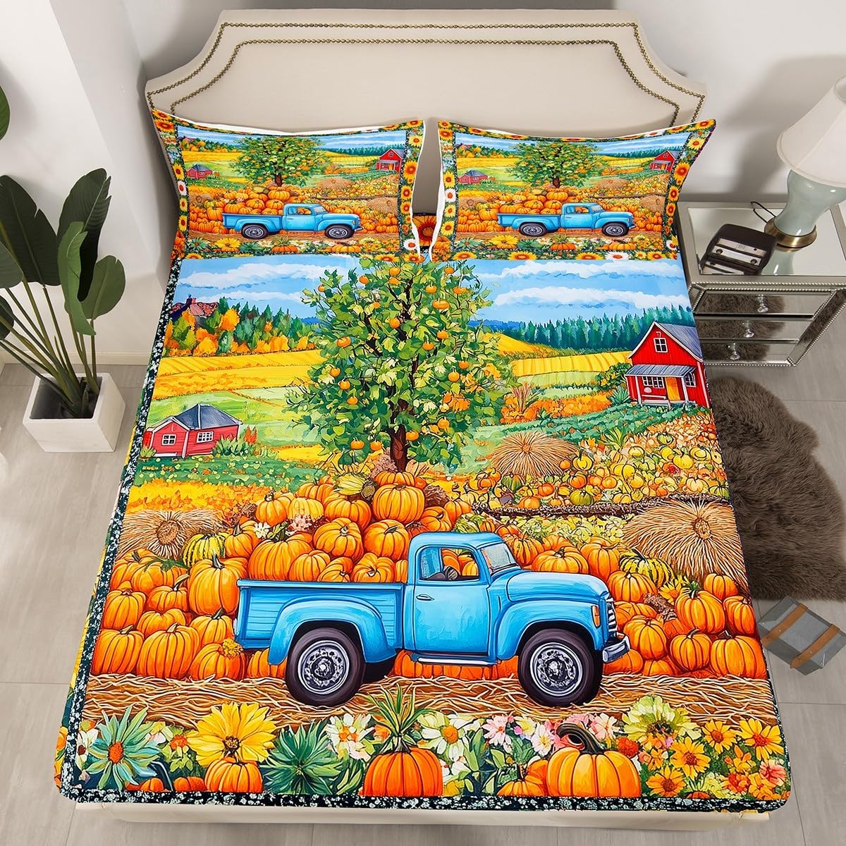 Feelyou Fall Bed Sheet Set Pumpkin Fitted Sheet Room Decor Harvest Car Autumn Tree Branches Colored Leaves Flower Pastoral Season Bedding Set Full Size Yellow Bed Cover Deep Pocket(No Top Sheet) 3Pcs