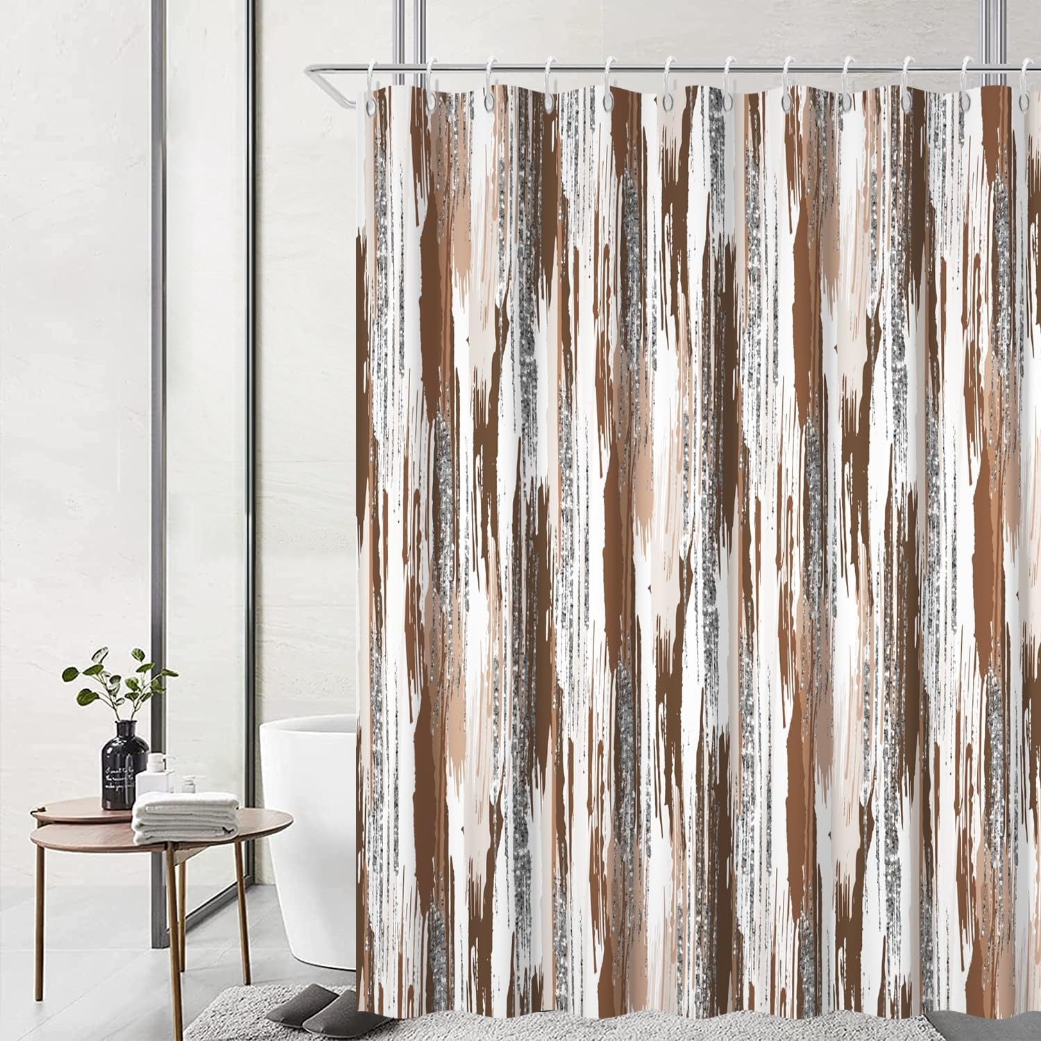Ruelvth Brown Shower Curtain, Modern Abstract Ombre Brown and Silver Shower Curtain Set with Hooks Waterproof Minimalist Aesthetic Bathroom Curtain,