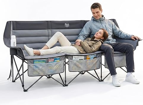 Timber Ridge 3 Person Camping Chair Supports to 1050lbs, Portable Camp Couch Padded Camping Chairs, Outdoor Oversized Folding Loveseat Perfect for Campsites, Patio/Lawn, Soccer Games, Grey | Supports to 1050lbs, Comfortable Padded Loveseat with Storage Pockets for Camping, Concert, Patio/Lawn, Outdoor Spotrs, Grey