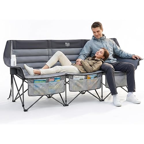 Timber Ridge 3 Person Camping Chair Supports to 1050lbs, Portable Camp Couch Padded Camping Chairs, Outdoor Oversized Folding Loveseat Perfect for Campsites, Patio/Lawn, Soccer Games, Grey