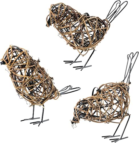 3pc Rattan Bird Statues - Farmhouse Wicker Home Decor Figurines