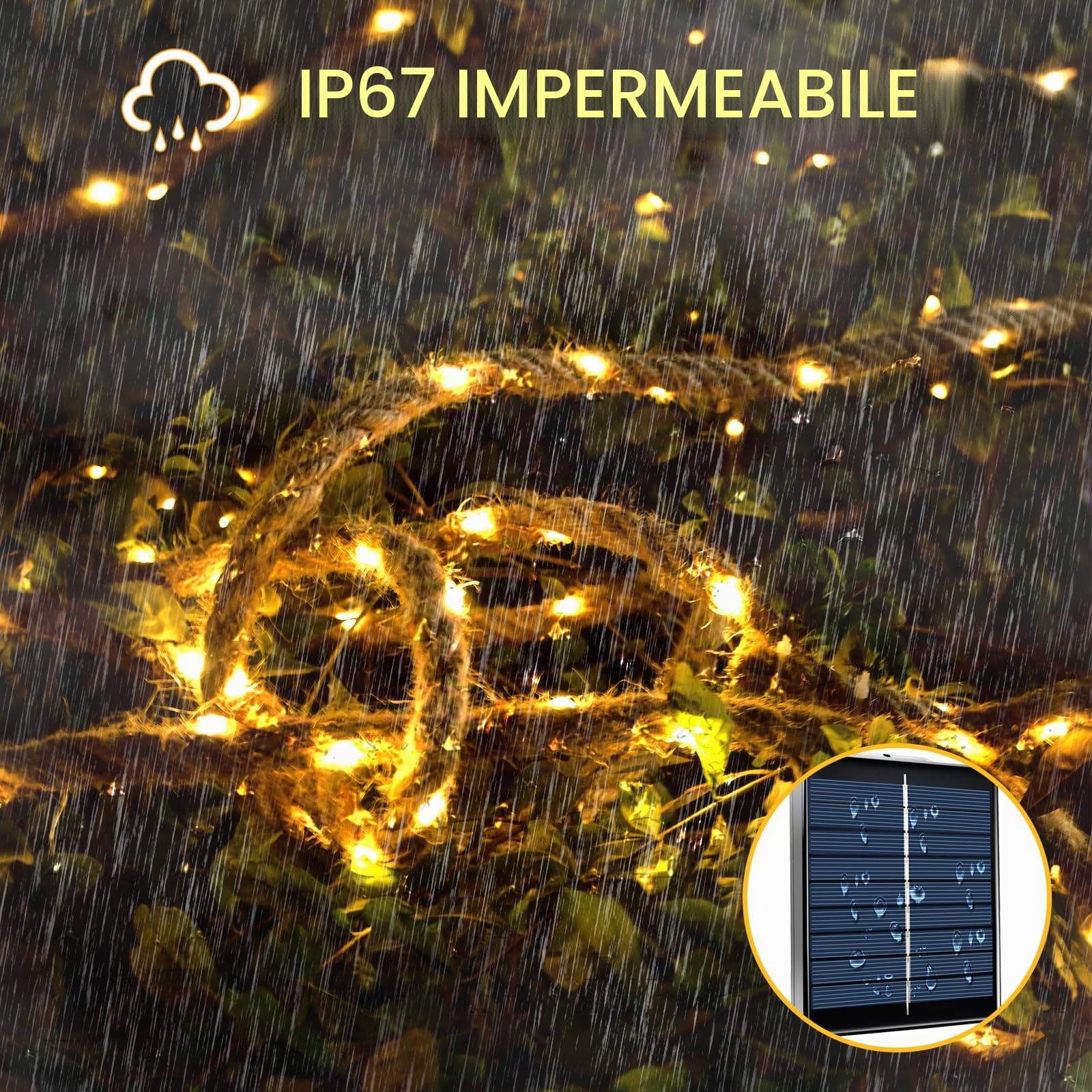Catena luminosa a energia solare, 10 m, con 200 LED, corda di canapa, catena luminosa con 8 modalità di illuminazione, timer diming adjust impermeabile, per giardino, terrazza, balcone,