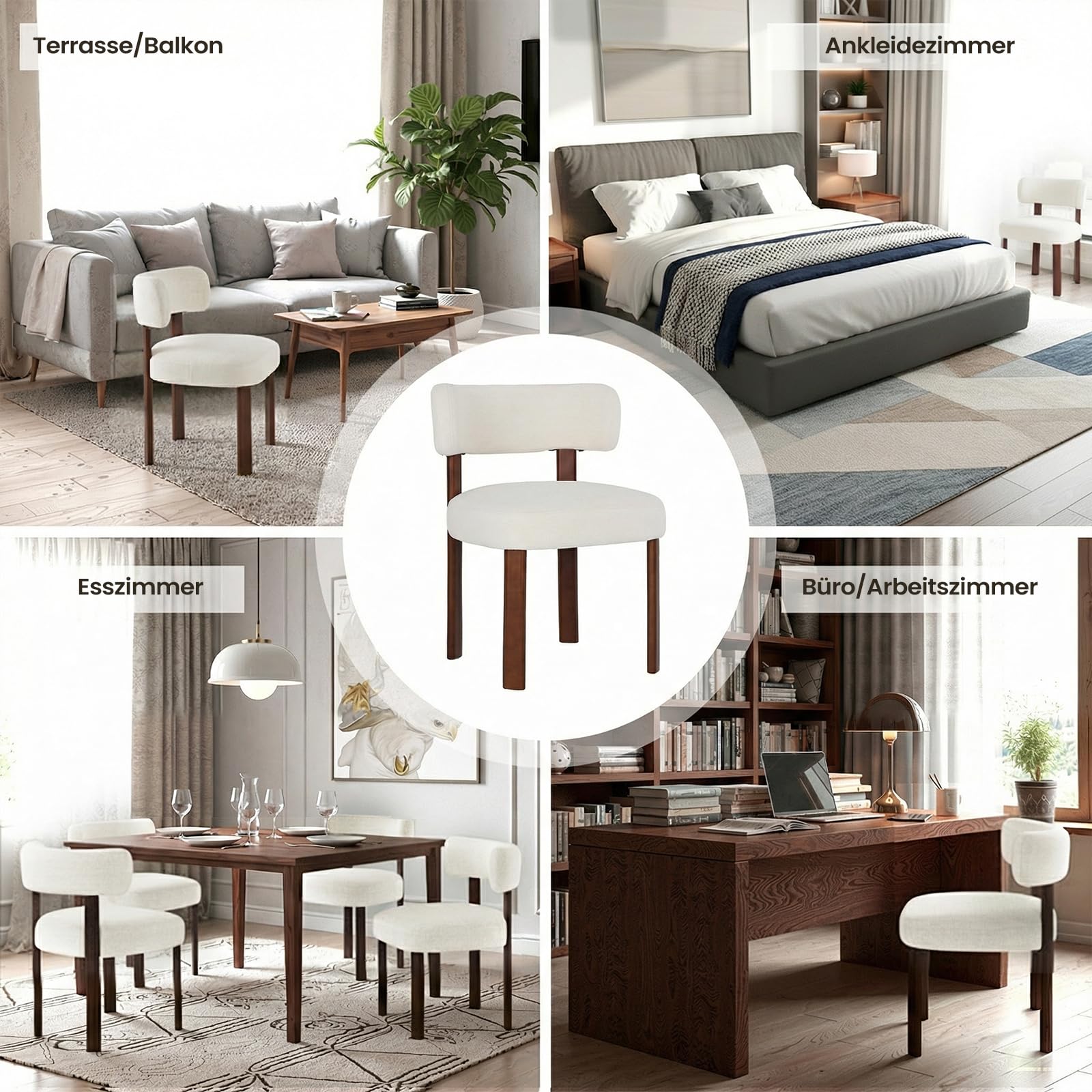 COLAMY Mid-Century Modern Design Sherpa Esszimmerstühle 4er Set, Vintage Landhaus-Stil Bouclé Küchenstühle mit offener geschwungener Rückenlehne für Esszimmer, Restaurant, Beige