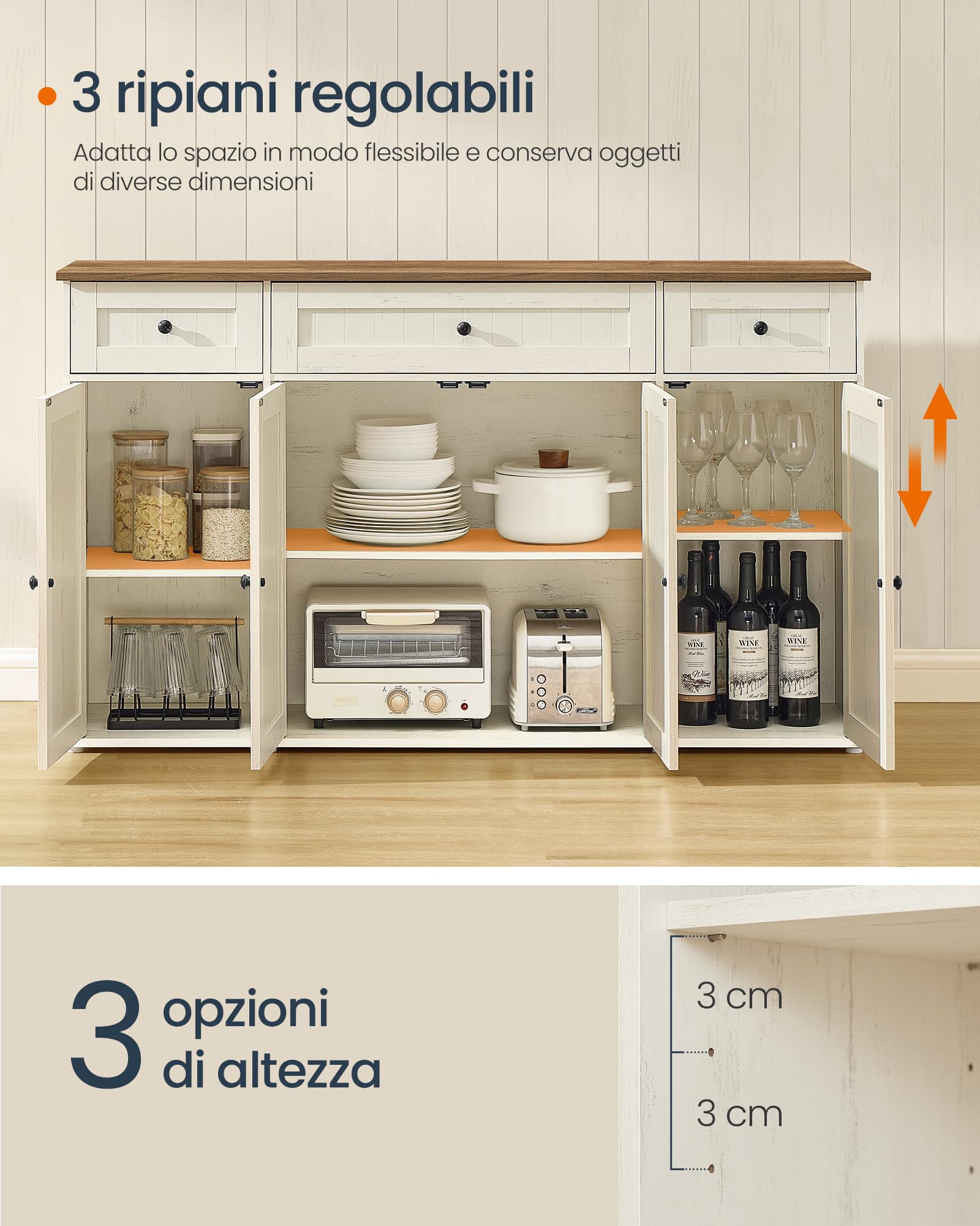 SONGMICS HOME Credenza Montaggio Rapido Senza Attrezzi Toolless, Montaggio Superveloce Senza Utensili, Mobile da Cucina con Piano, Buffet, Ripiani Regolabili, Bianco Vintage e Marrone Miele BBK376WJ02