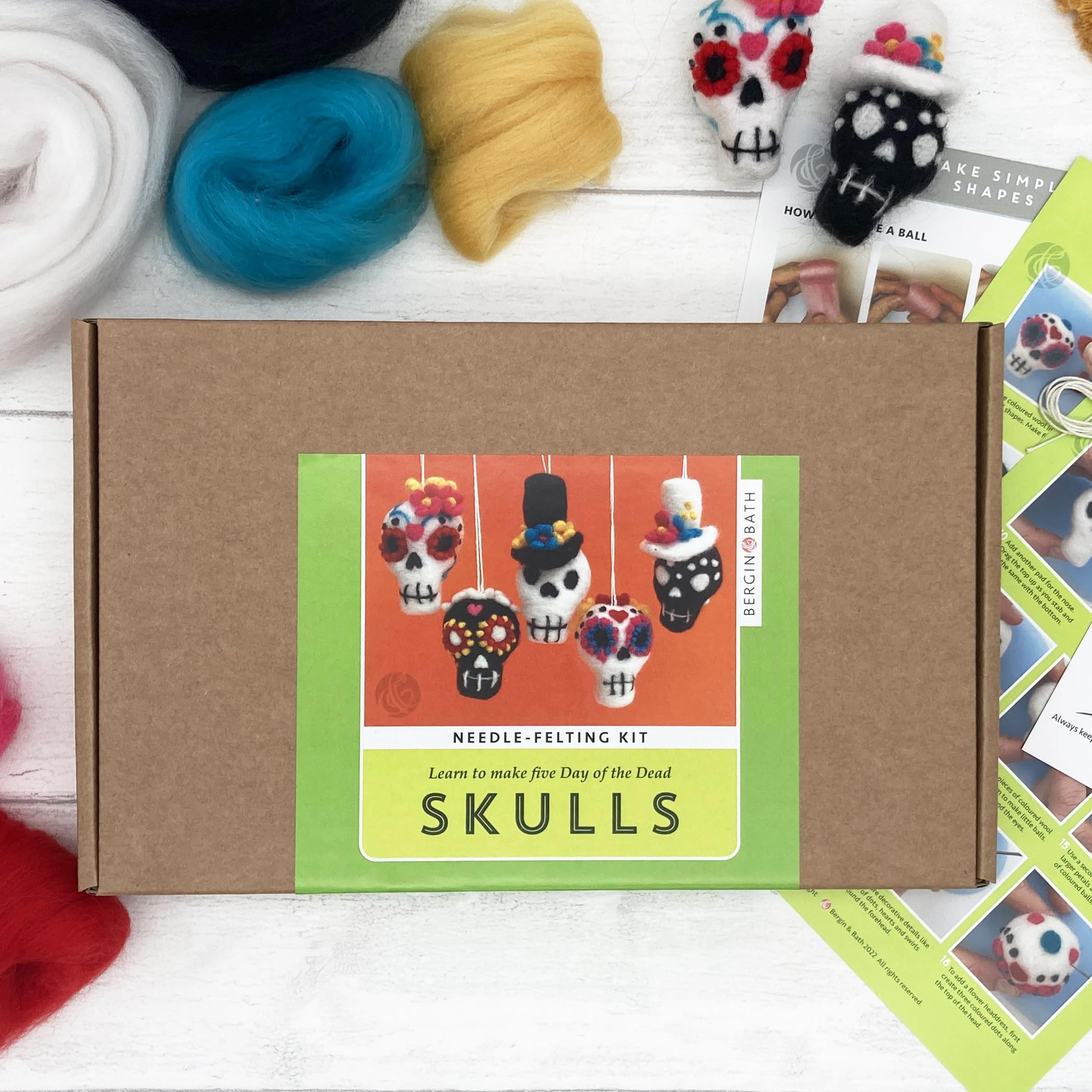 Bergin & Bath Needle Felting kit - Sugar Skulls. Learn to Make Five Halloween Decorations from Natural Wool Fibres - Image 3