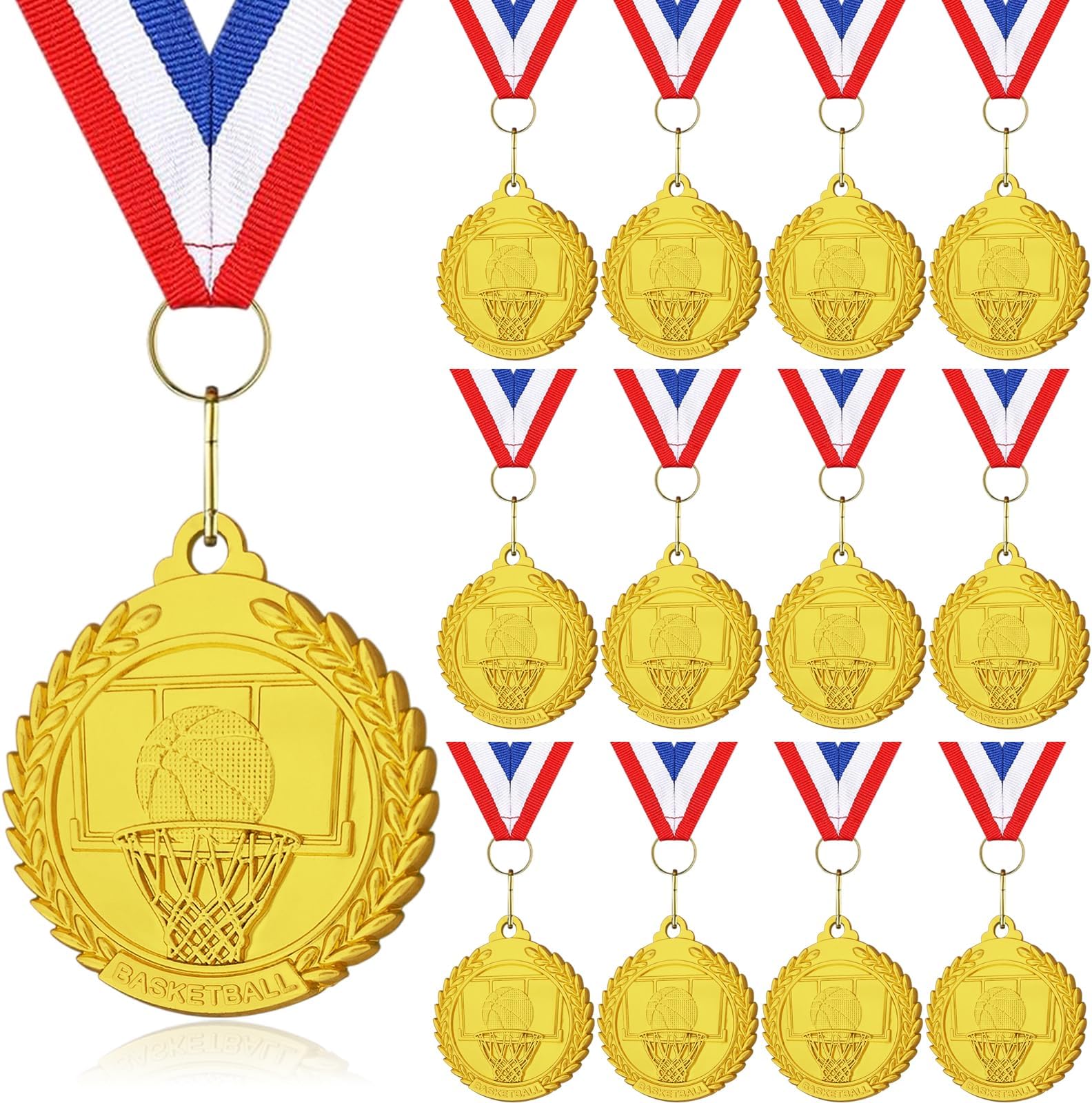 Basketball Medals for Awards - 12 Pack Gold Metal Medal for Basketball Team, Sports Day Favors Prizes for Kids Boys Children Adults