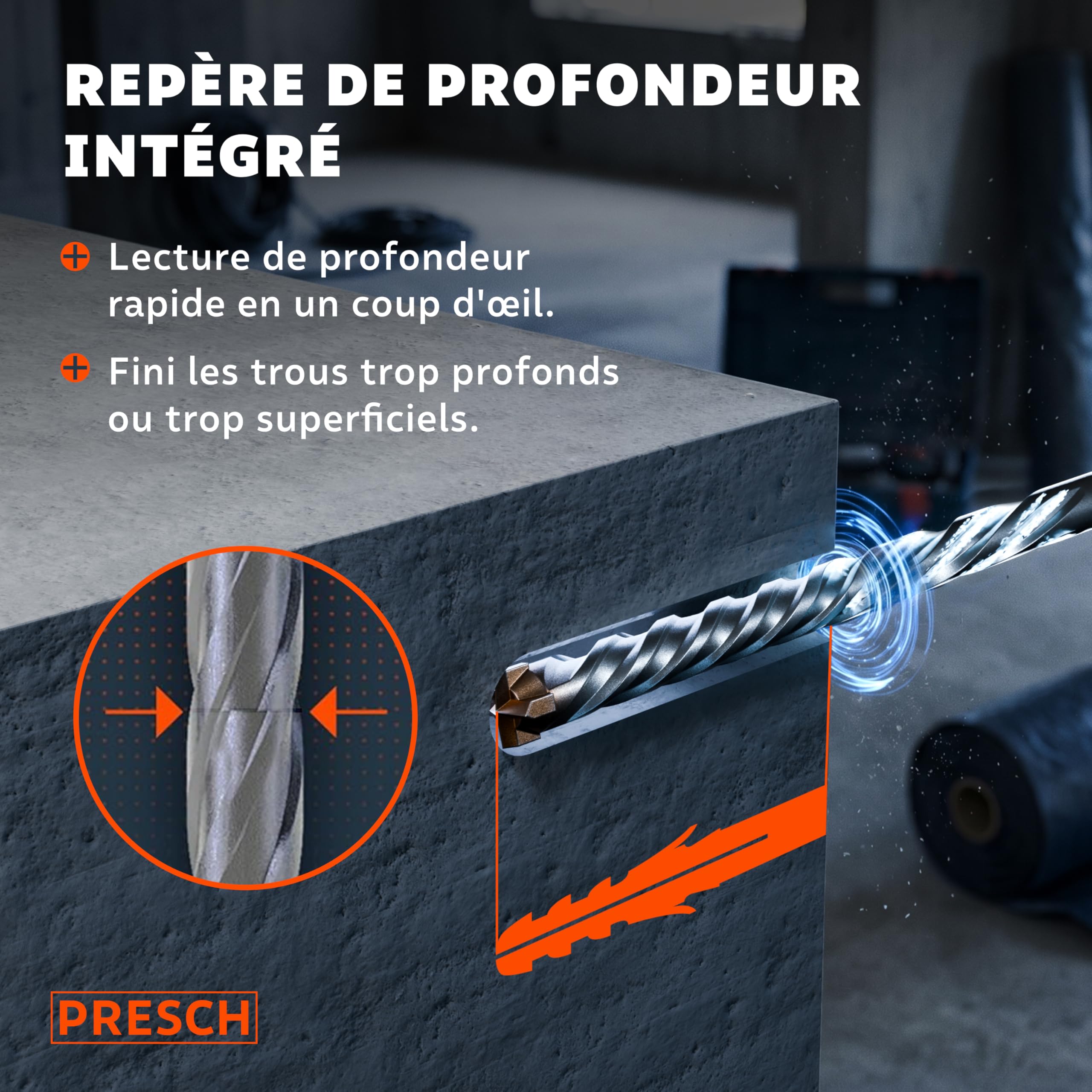 PRESCH Forets Béton SDS plus 10mm (10 pcs) – Mèche béton armé et pierre à 4 taillants carbure – Indicateur de profondeur de perçage – Foret SDS Plus robuste pour granit, brique et maçonnerie