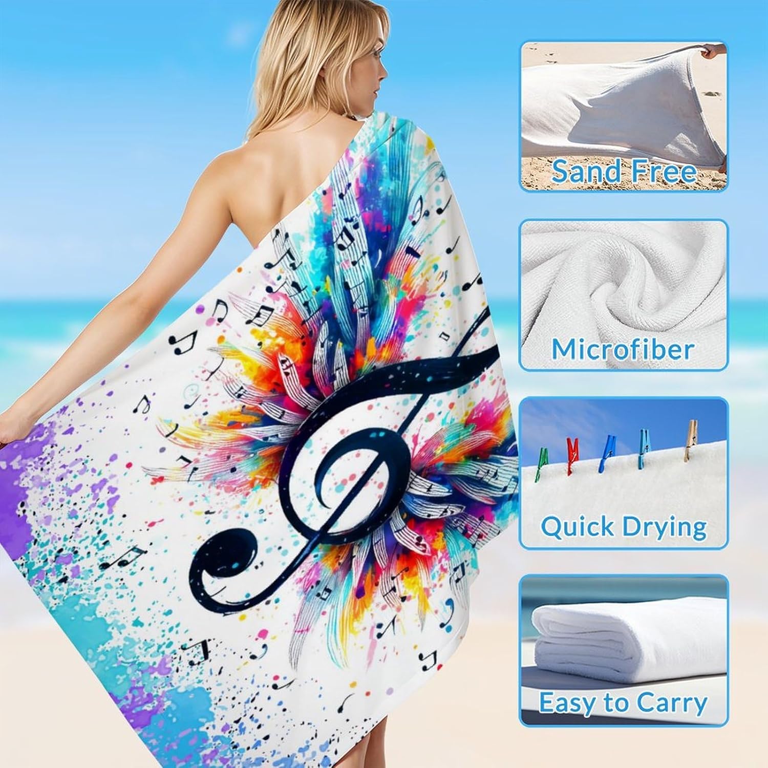 Personalized Beach Towel for Kids Adluts - Custom Music Towels for Pool Vacation Seaside Bathroom - 40x70 inches Lightweight Quick Dry Towel Gifts with Name for Music Lovers