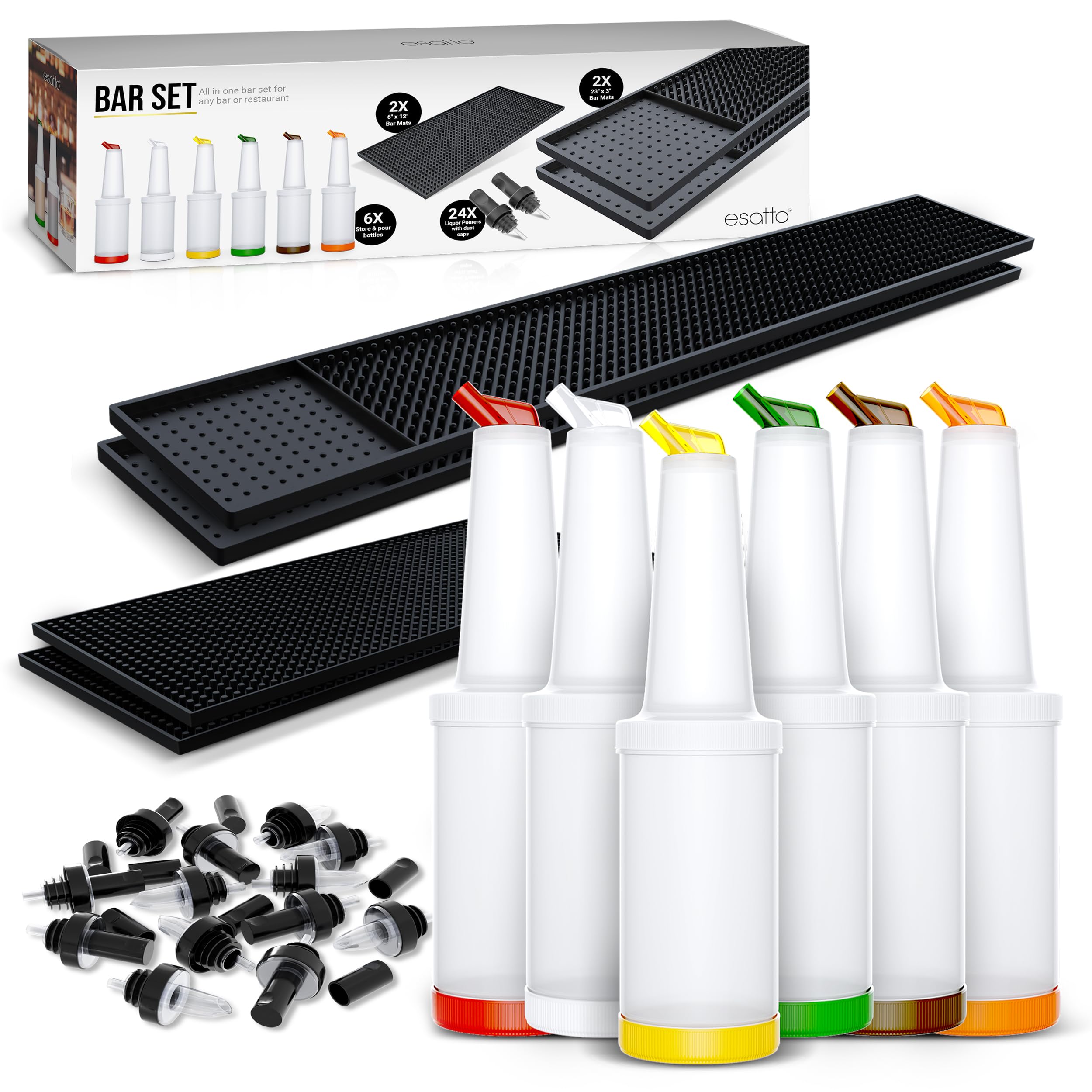 Esatto Bar Equipment Gift Set – 6 Store N Pour Bottles for Storing and Mixing Ingredients, 2 Bar Mats and 2 Shaker Mats for Spill Protection, and 24 Pourers for Precision Pouring with Dust Caps