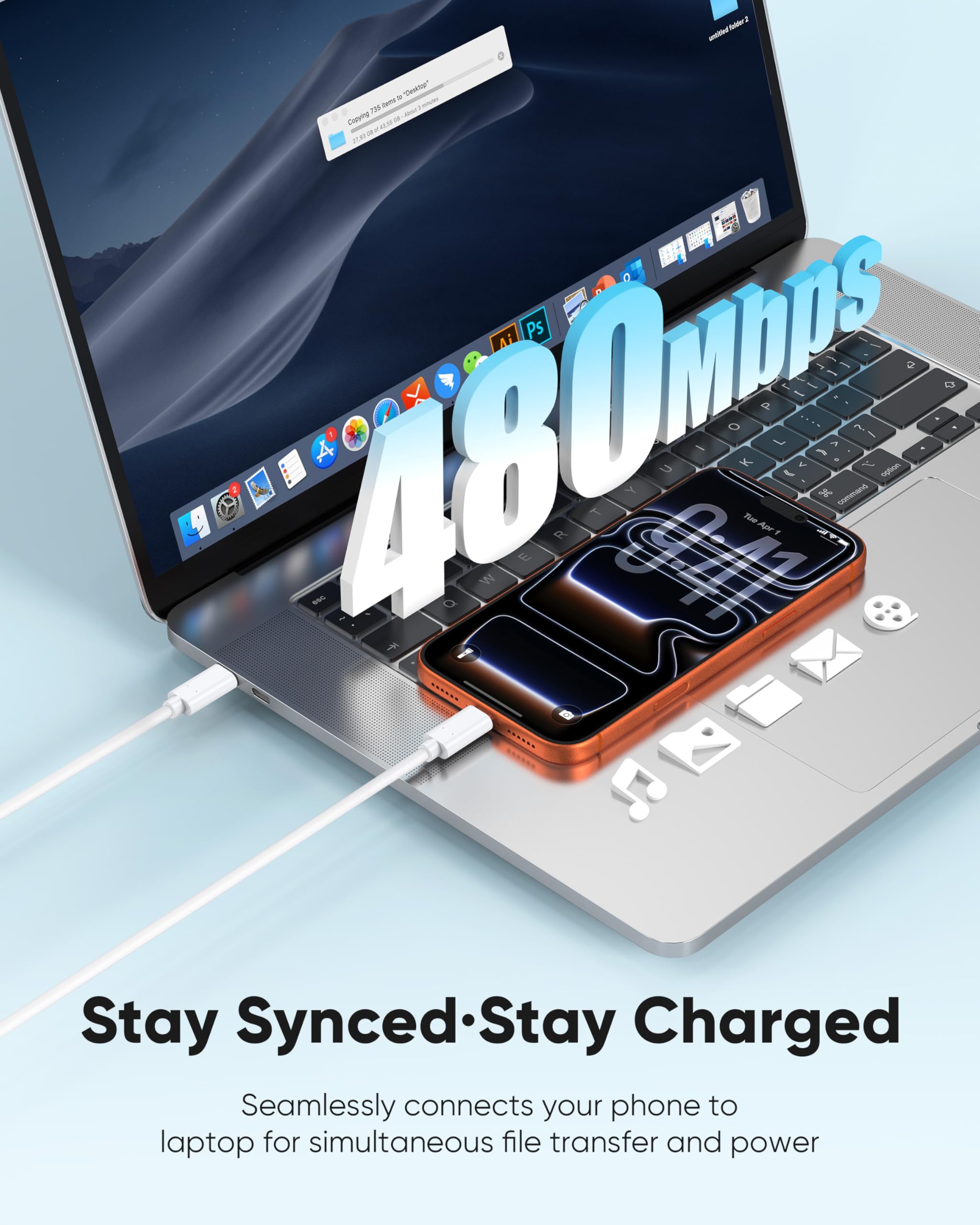 USB-C-Verlängerungskabel, 3 m, 2er-Pack, USBC-Verlängerungskabel, 15 W/3 A, schnelles Aufladen und 480 Mbit/s, USB-C-Stecker auf Buchse, Kabel für Mag-Safe, Apple Watch, iPhone 16/15 PM, HomePod