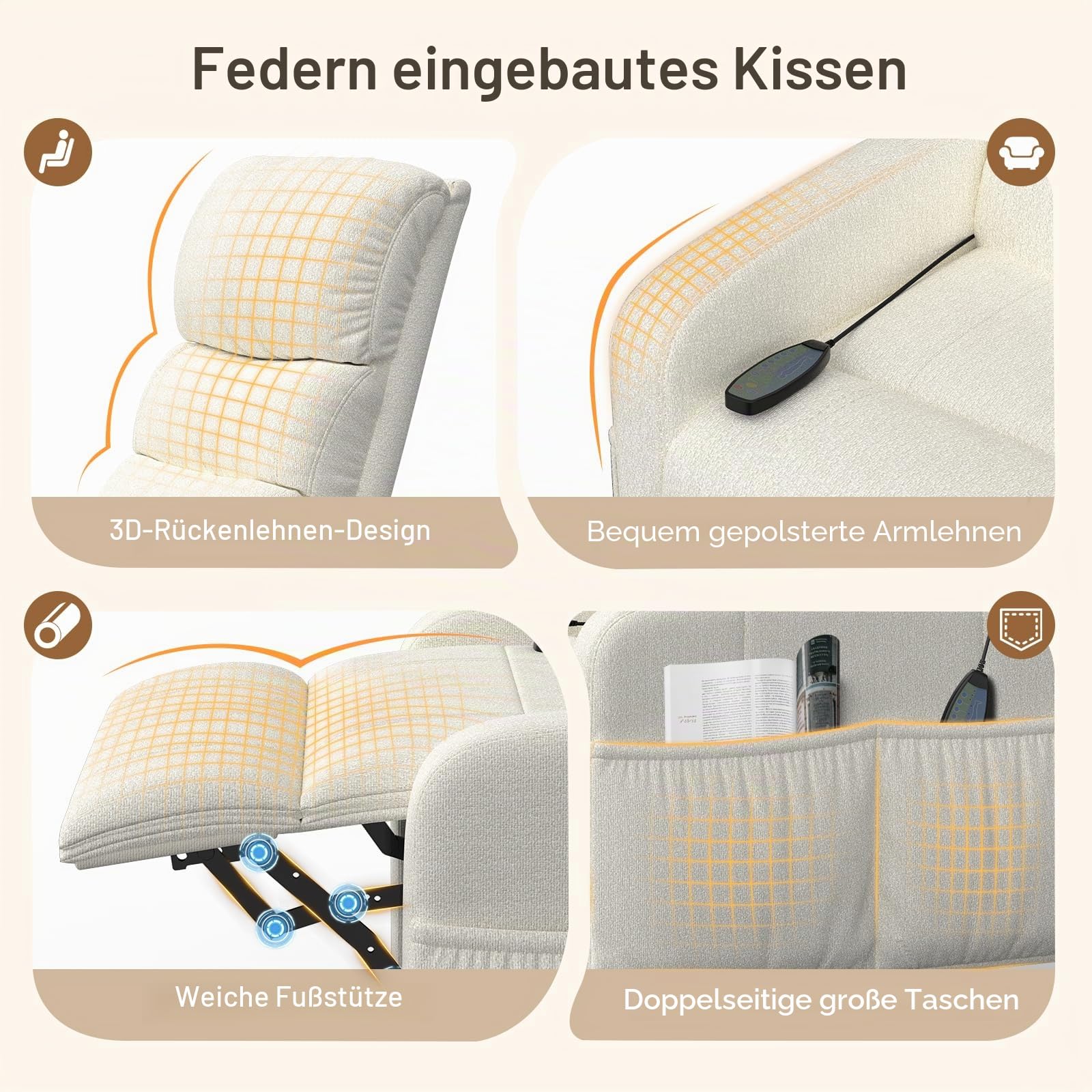 YONISEE Relaxsessel Fernsehsessel Massagesessel mit Wärmefunktion, 4 Seitentaschen, Gepolstertem Sitzkissen & Verstellbarer Beinstütze Wohnzimmersessel, TV Sessel Wohnzimmer