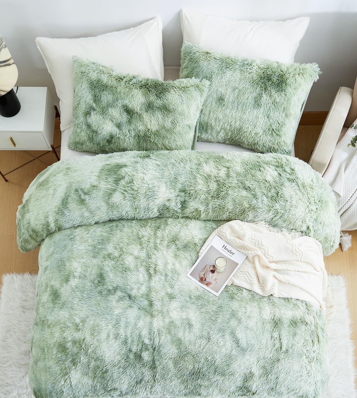 Sacebeleu Ropa de cama de invierno de 135 x 200 cm de felpa de pelo largo de franela mullida, funda nórdica de franela verde y blanco, ropa de cama de invierno degradado de color, cálida funda nórdica