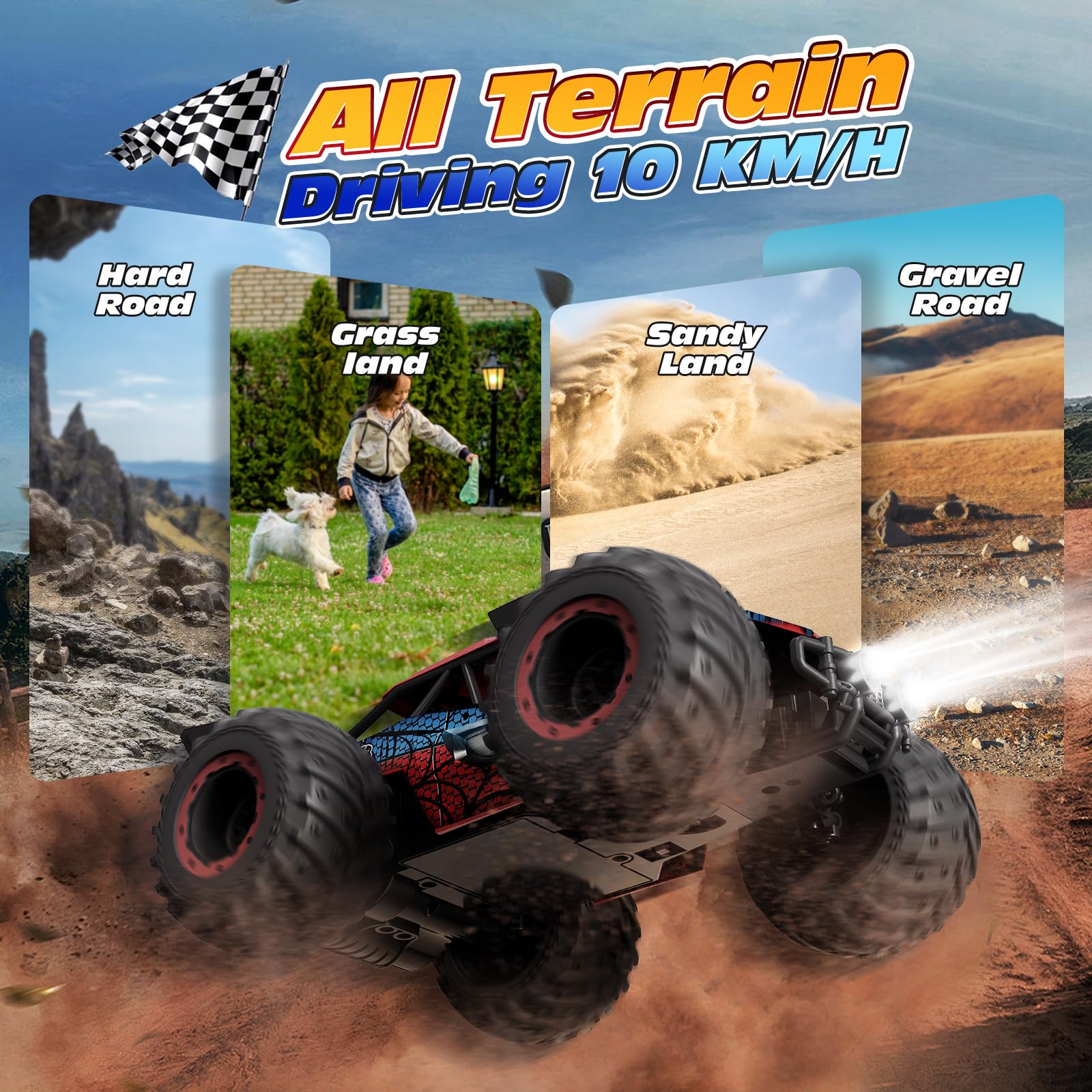 Tecnock Coche Teledirigido 1:20, Camión RC Todoterreno Recargable con LED, 10 km/h, 2,4 GHz, 2 Baterías para 50 Min, Estable y Fácil de Controlar, para Niños y Principiantes