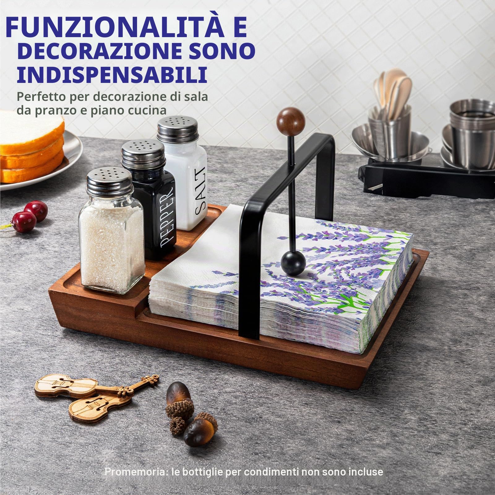 Supporto per Tovaglioli in Legno – Portatovaglioli Multifunzionale per Tavolo e Cucina, con Spazio per Condimenti – Perfetto per Casa, Cucina e Occasioni Festose