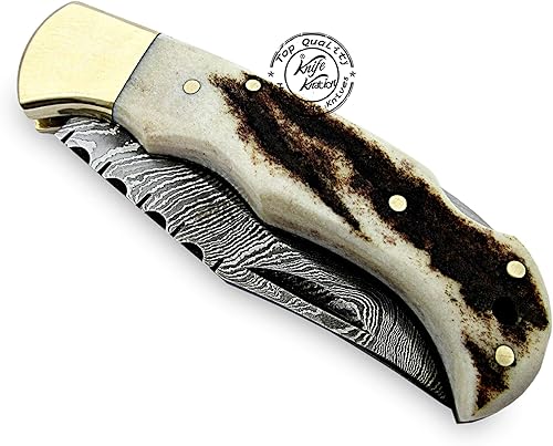 Miniatura 7 de Cuerno de ciervo 6.5 '' 100% hecho a mano de acero de Damasco plegable cuchillo de bolsillo 100% de primera calidad