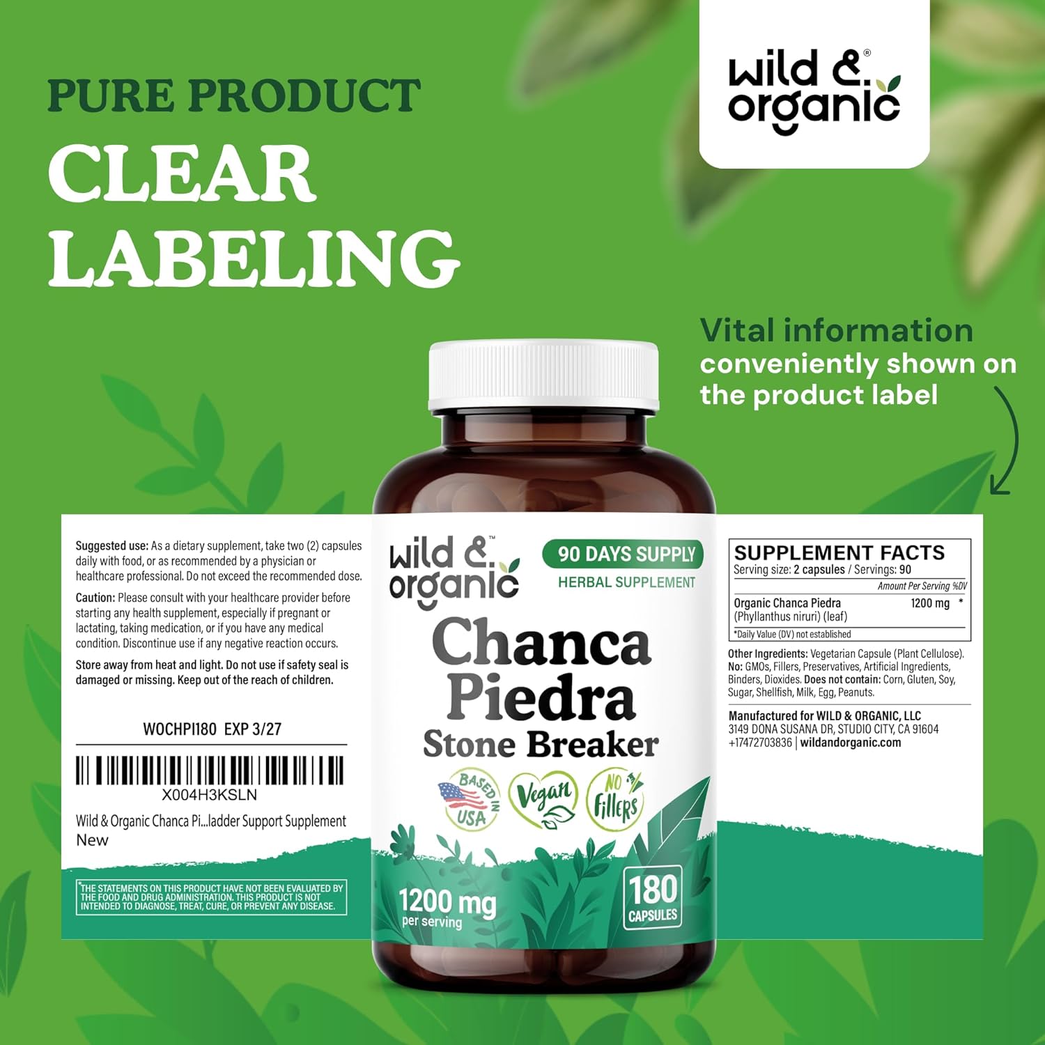 Wild & Organic Chanca Piedra Stone Breaker Capsules 1200 mg - Natural Kidney Herbal Supplements with Chanca Piedra Powder - Vegan, No Fillers, Non-GMO - 180 Count