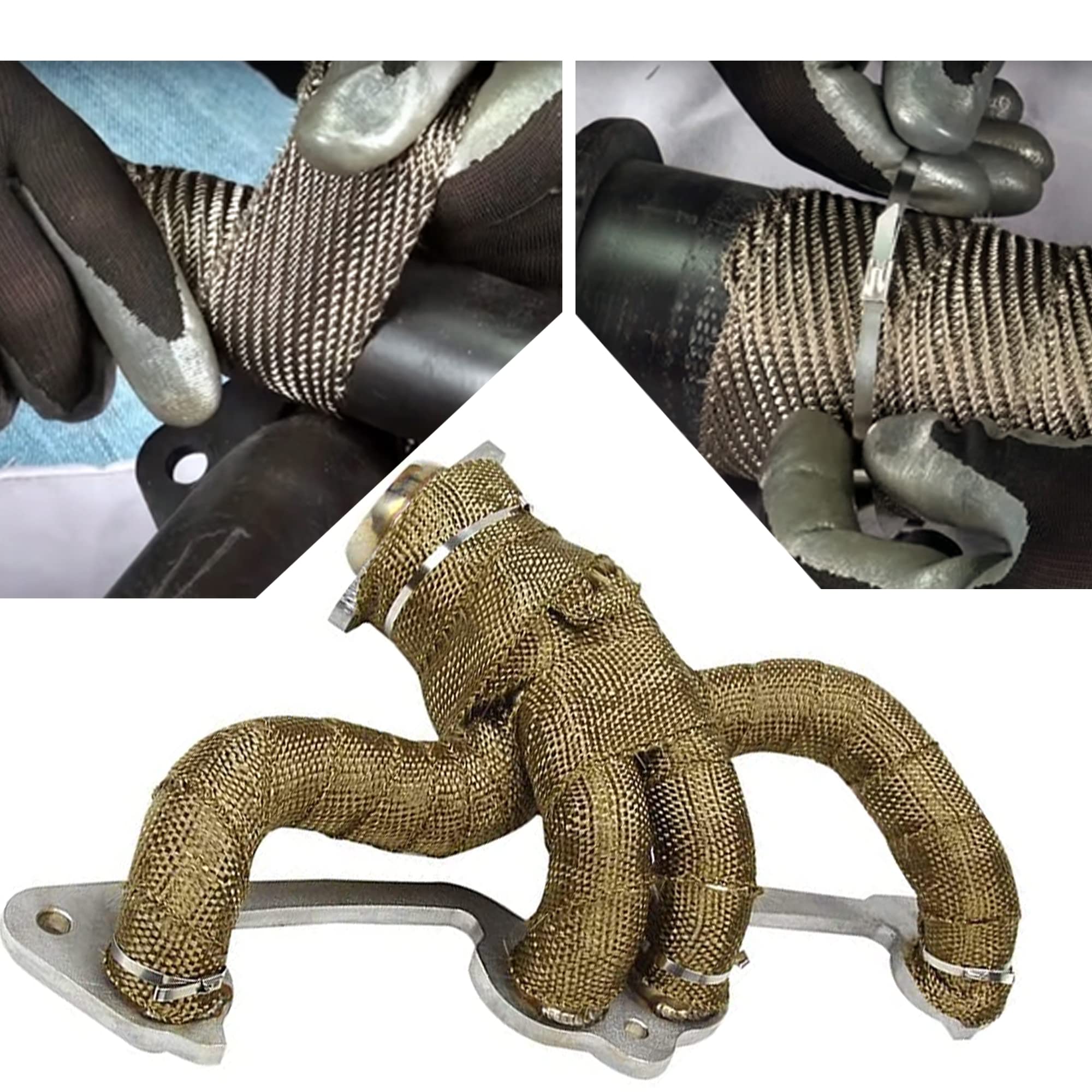 30M Nastro Termico Isolante, Arespark 2 Rotoli 15m D'oro Bende Termiche Moto Fatto di Fibre di Basalto con 24 Fascette Metalliche, per Collettori di Scarico Moto e Auto