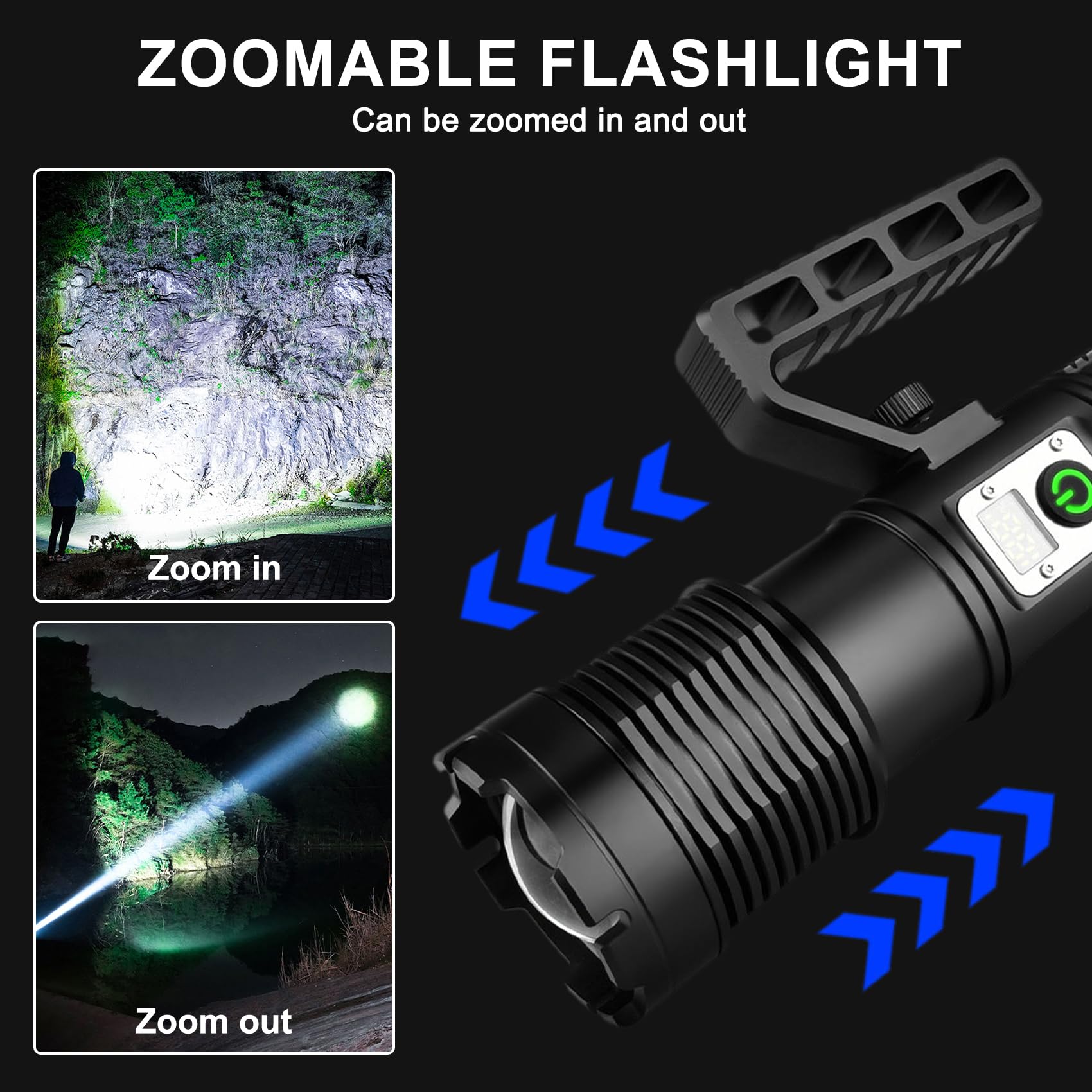 Lampe torche LED 3200 lumens super lumineuse rechargeable 11 modes lampe torche tactique lampe torche LED zoomable avec lumière auxiliaire COB étanche IPX7 pour camping, urgence, surviva