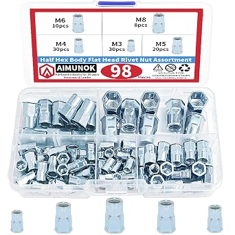 98Pcs M3 M4 M5 M6 M8 Half Hex Body Flange Rivet Nuts Assortment Kit, Blue Zinc Plated Carbon Steel Flat Head Threaded