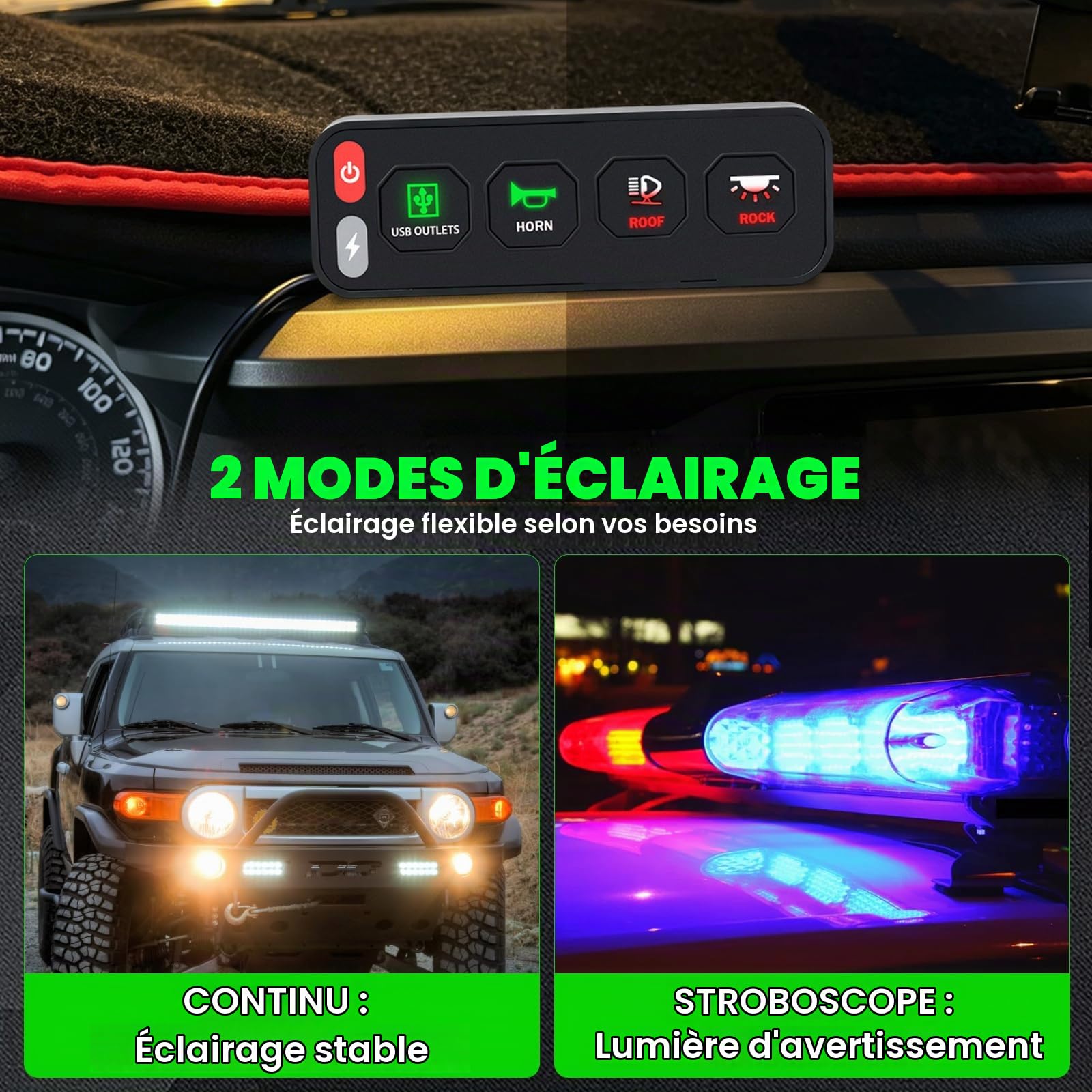 Chelhead Panneau de commande sans fil à 4 interrupteurs une rangée avec interrupteurs à bascule et stroboscope système de relais de contrôle de circuit universel 12 V-24V fixation magnétique