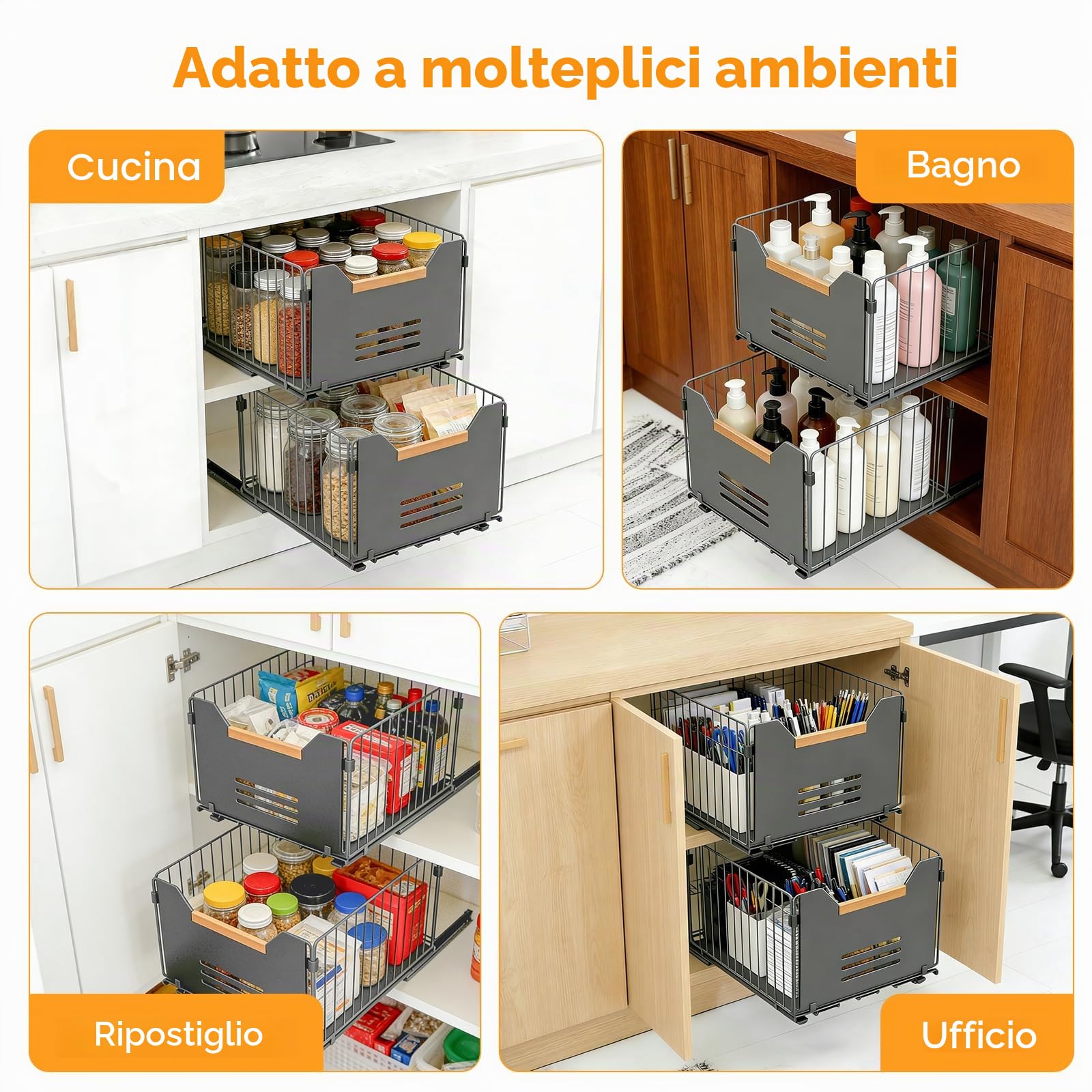 Romon Cassetto Estraibile Cucina, Set da 2 Organizzatori Armadio con Maniglie in Legno, Nero, 37,5x24,5x19 cm, Adatto per Cucina, Bagno e Salotto