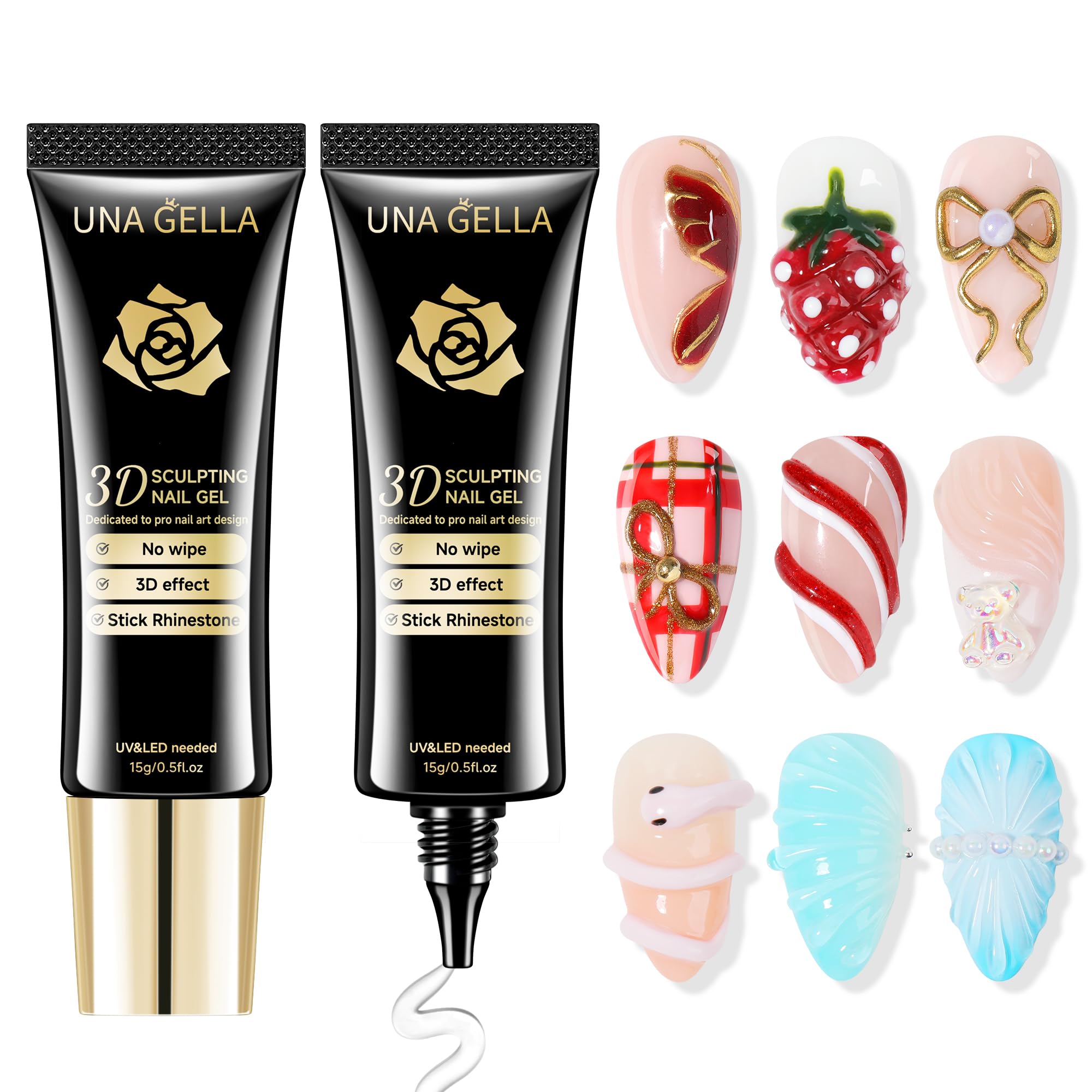 UNA GELLA 3D Gel Nail Art, 2Pcs 15g Clear No Wipe Sculpting Gel Polish for Nail Tips, Drawing, Molding, Chrome Powder, Carving & Decoration,
