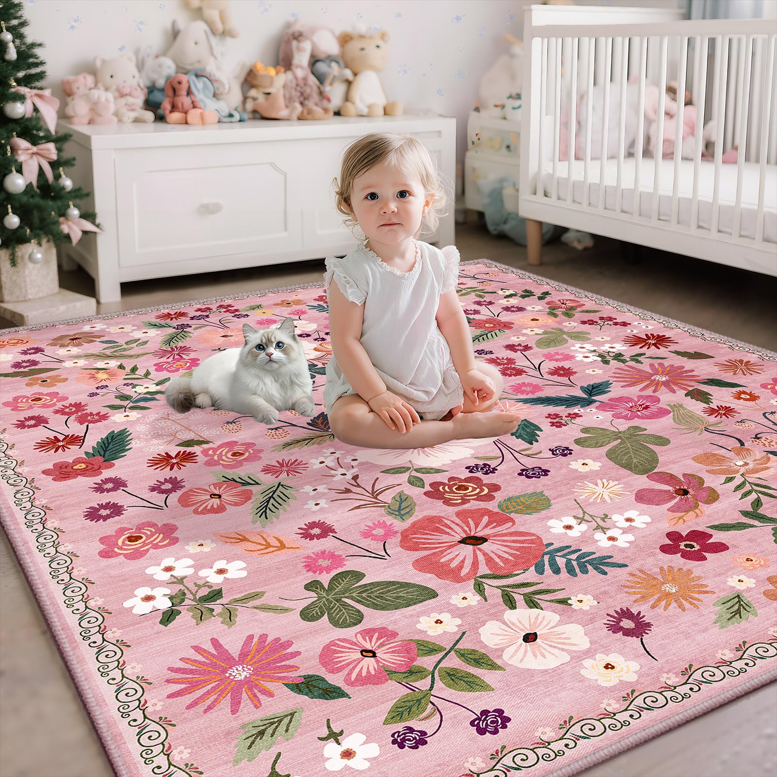 5x8 Area Rug for Nursery Girl Pink Floral Boho Cute Washable Soft Low Pile Non Slip Rugs Vintage Sound Absorbing Stain Resistant Big Carpet Rug for