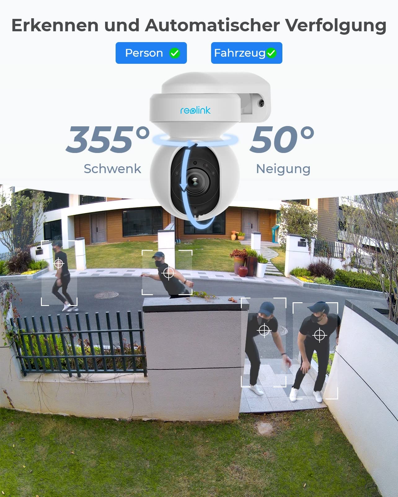 Reolink 5MP PTZ Überwachungskamera Aussen,3X Optischer Zoom, 2,4/5GHz WLAN Kamera Outdoor mit Personen-/Fahrzeugerkennung, Automatischer Verfolgung, 2-Wege-Audio, E1 Outdoor (Generalüberholt)