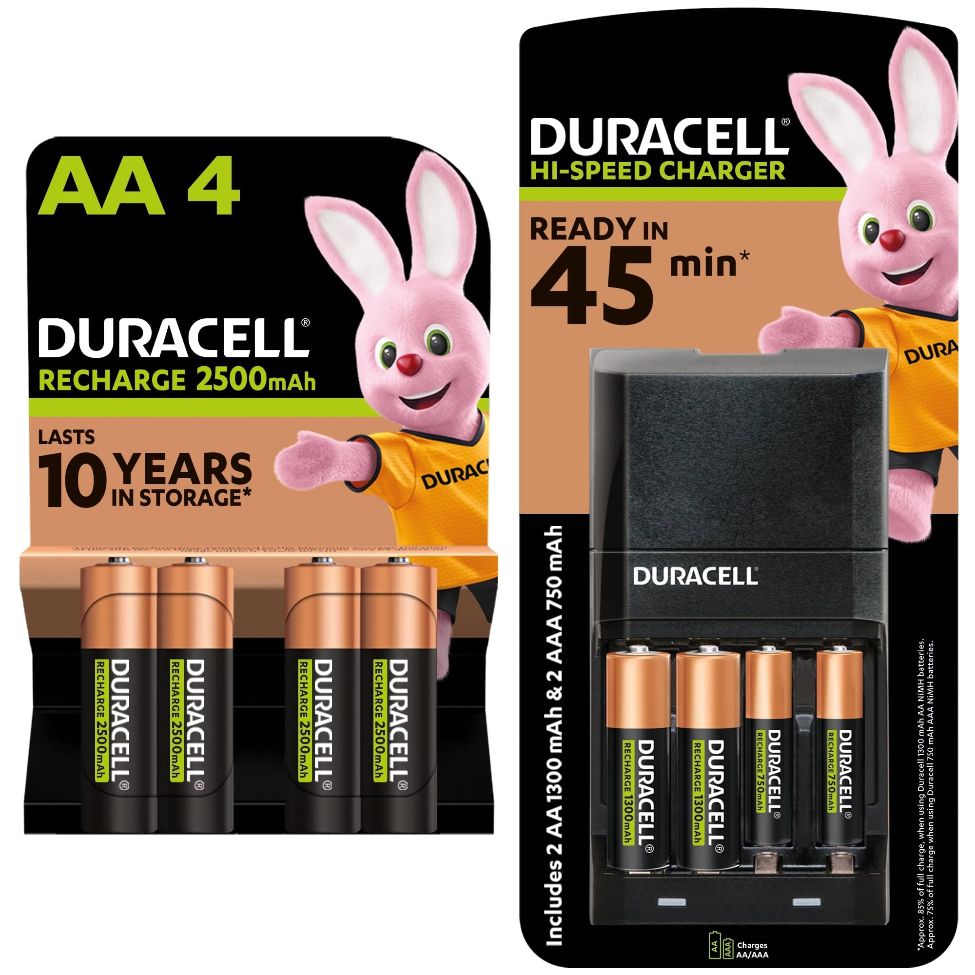 Duracell - Rechargeable AA 2500mAh , 4 Batterie Stilo Ricaricabili con Caricatore da 45 minuti (6 Batterie Stilo + 2 Ministilo ricaricabili Incluse)