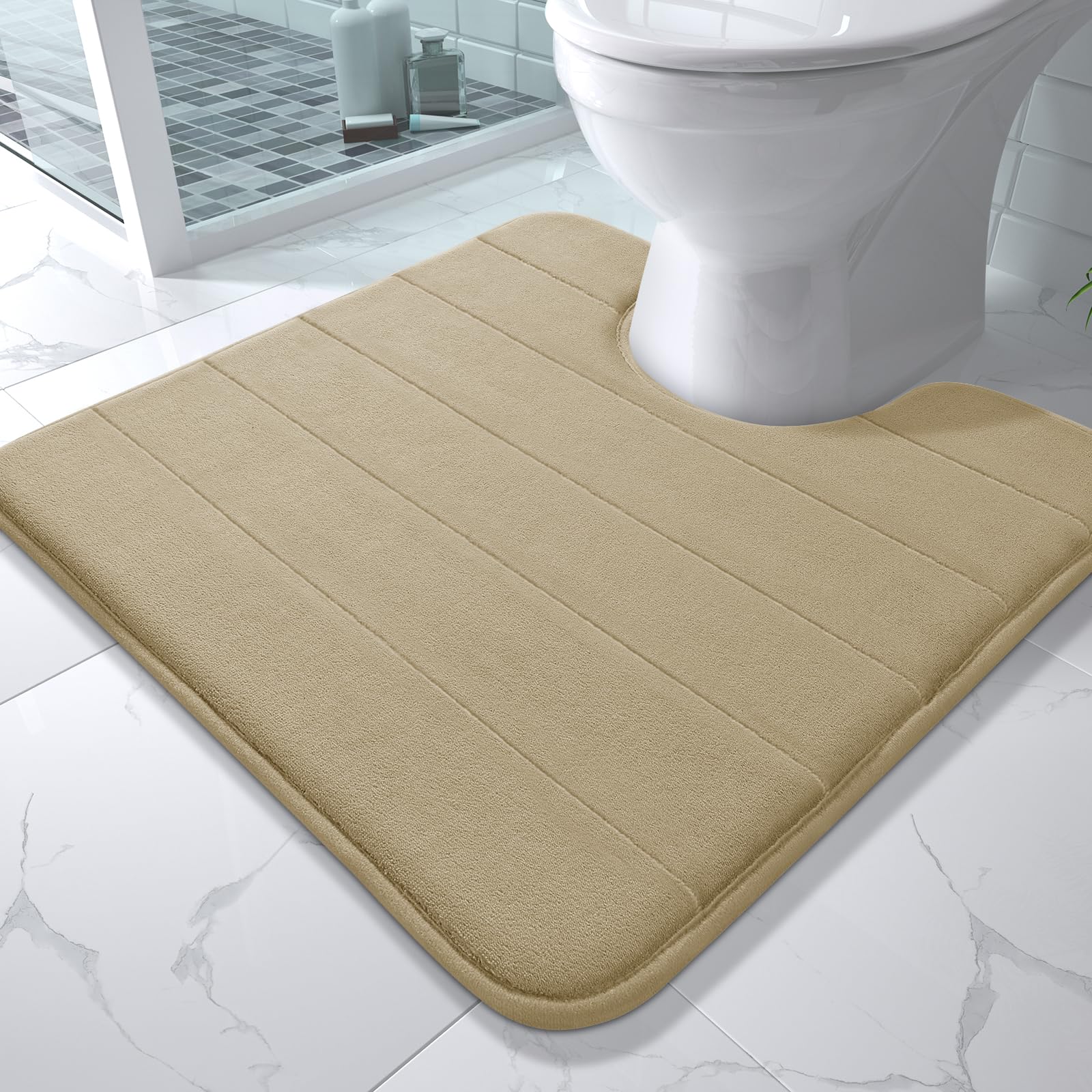 Yimobra Memory Foam Toilet Bath Mat U-Shaped, Soft and Comfortable, Super Water Absorbent, Non-Slip, Machine Wash and Easy to Dry for Bathroom Commode Contour Rug, 24 X 24 Inches, Light Tan