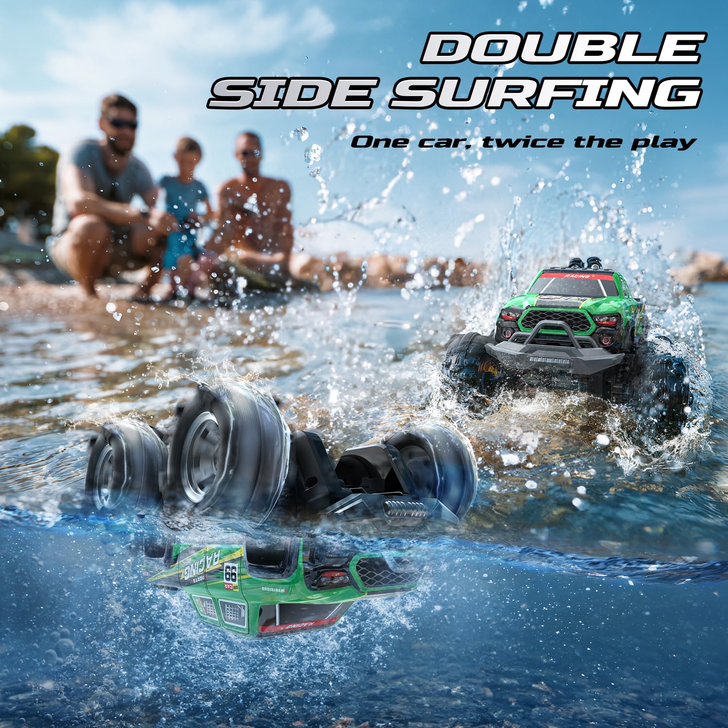 DEERC Monster Truck/Bateau RC Amphibie, Voiture Télécommandée étanche IPX7 avec Détection de Mouvements, Voiture RC 4 Roues Motrices 2,4 GHz avec Rotation à 360°, Lumière Fluide, Cadeaux pour Enfants