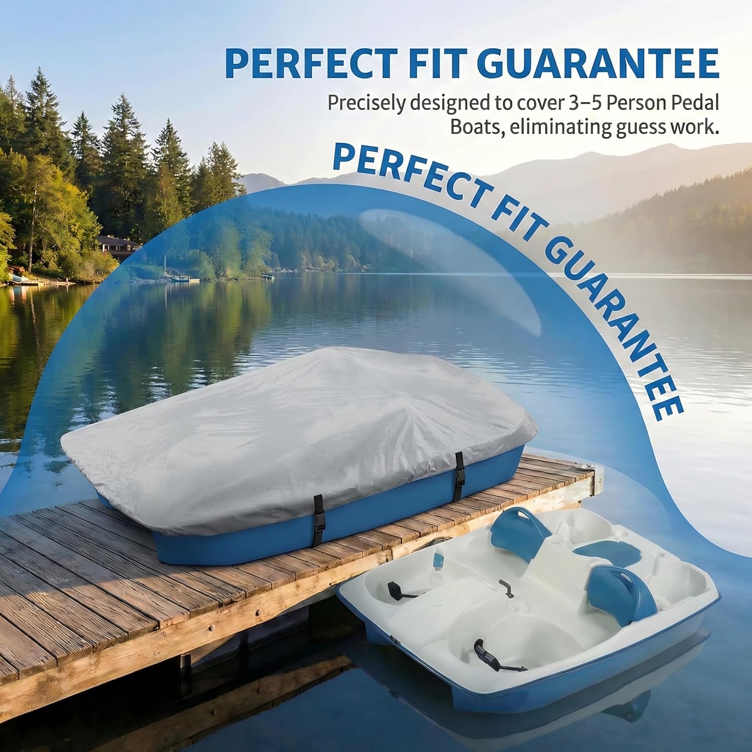 Pedal Boat Cover with 2 Windproof Straps & Elastic Hem - Heavy Duty 900D Paddle Boat Cover, Double-Layer Reinforced Corners & Sealed Seams, Fits 3 or 5 Person Outdoor Pedal Boats, Gray