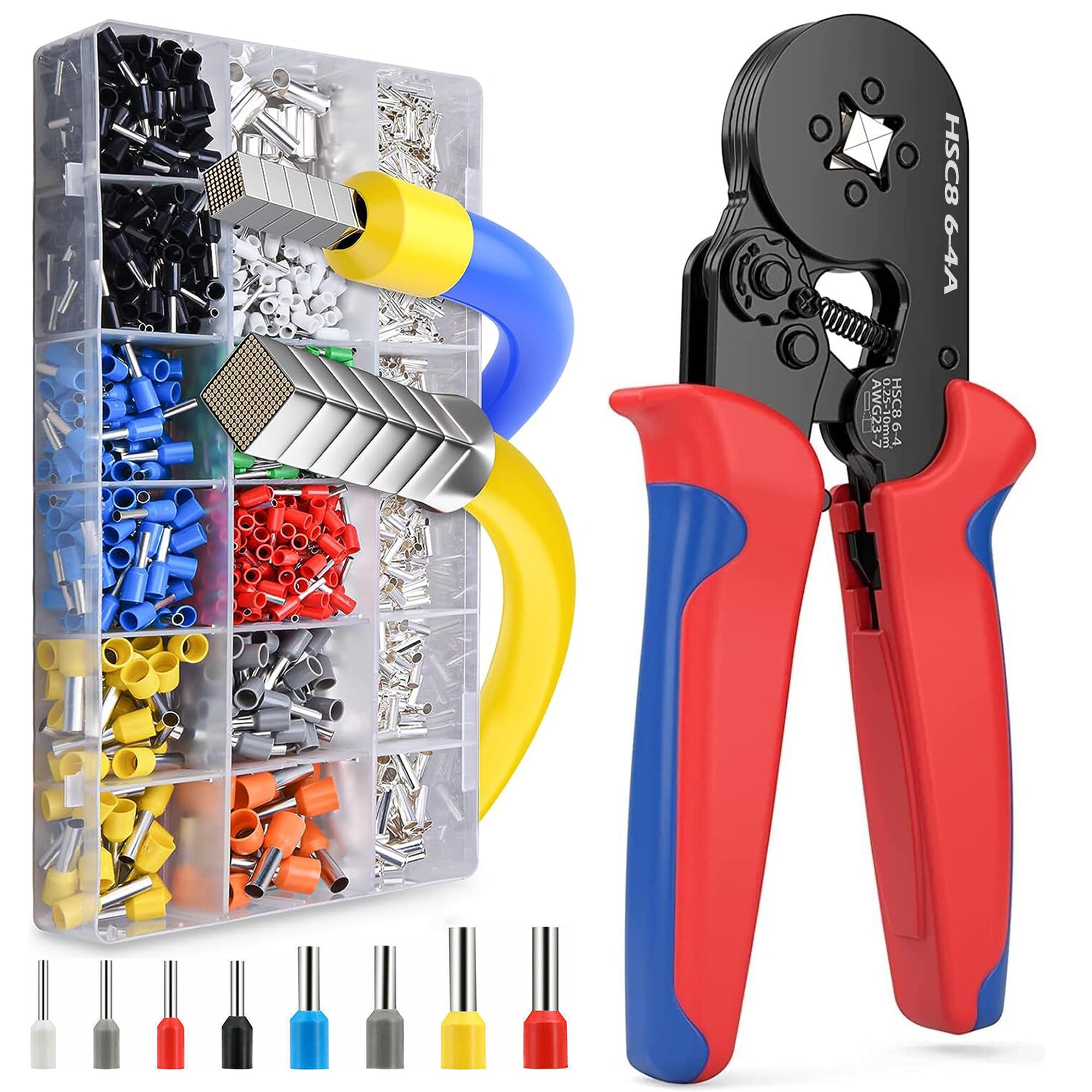 Bonzella Wire Crimping Tool Kit, Self-Adjusting Square Electrician Crimper Plier for AWG23-7 With 1200pcs Ferrule Copper Crimp Connector, 0.25-10mm²