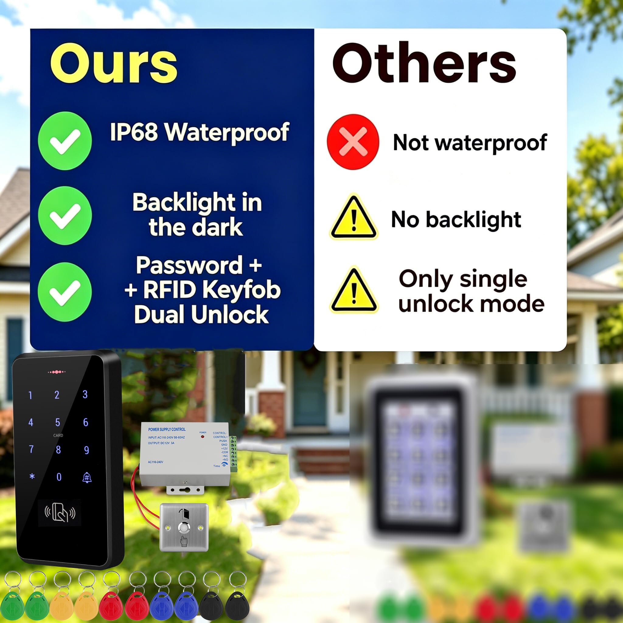 Access Security Systems Contrôleur d'accès étanche IP68 avec alimentation CC, bouton interrupteur de porte, 10 porte-clés d'identification, sans serrure