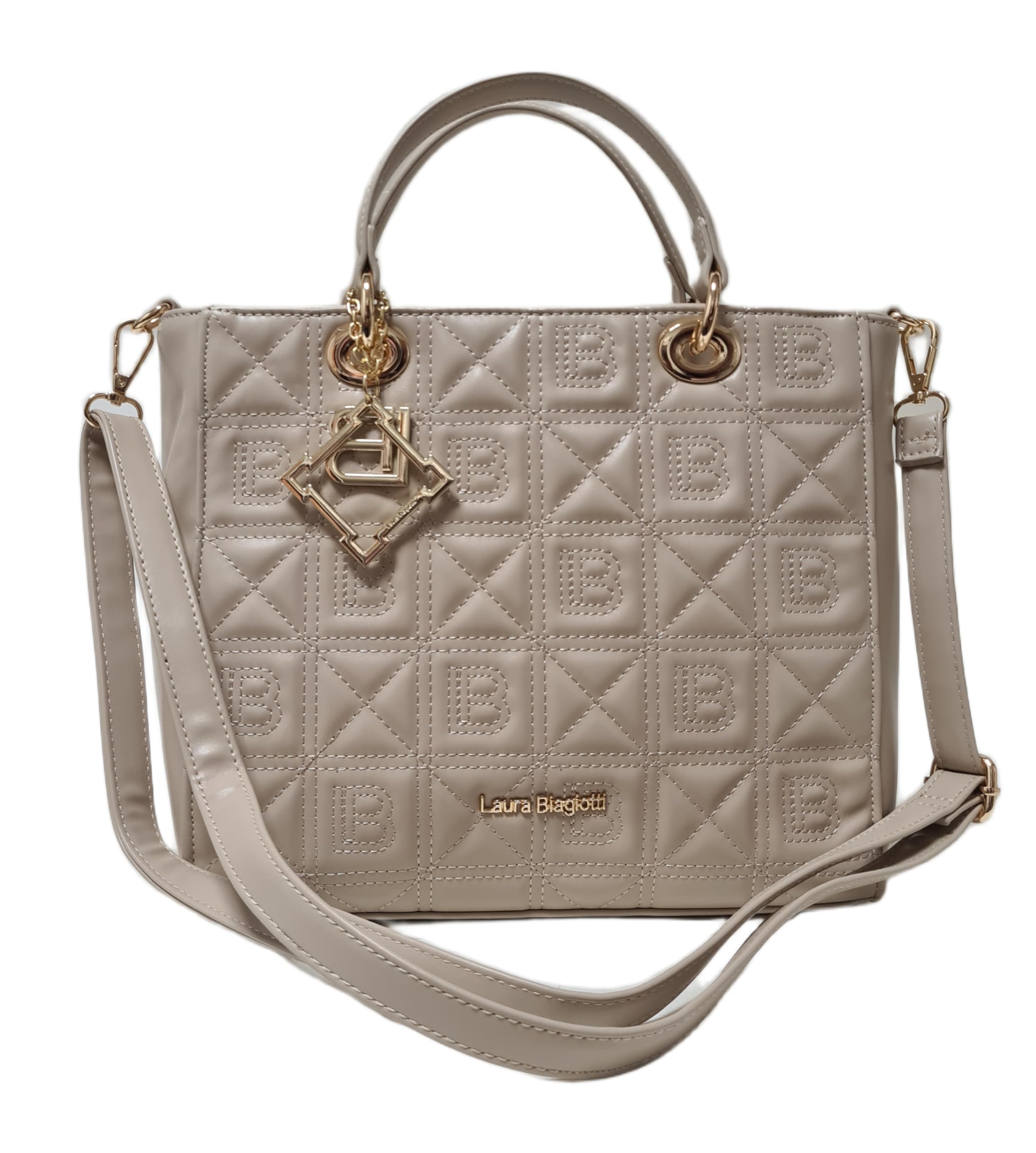 Laura Biagiotti Bolso de mano y bandolera línea Odaly, piel sintética acolchada en la parte delantera, con logotipo LB, dimensiones 28 x 25 x 14 cm Art: LB26S-116-1 (natural) | Ligera