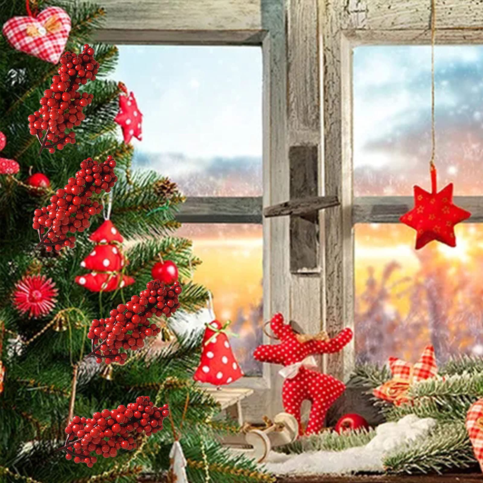 SFTYUFS 24 stuks kunstmatige rode bessen stengels, 8.3 inch bordeaux rode bessen plukken hulst bessen takken, kerst takjes dennenboom voor kerstboom ambachten vakantie en woondecoratie