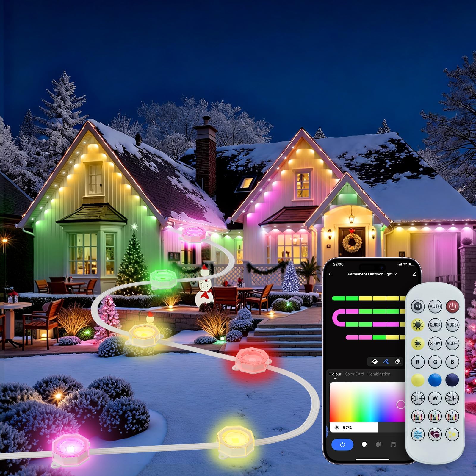 Photo 1 of Permanent Outdoor Lights for House, IP67 Waterproof with 96 RGB+IC Led Lights, 200ft Year Round Lights for House Outdoor, DIY Scene for Halloween, Christmas Decor, Work with Google Assistant, Alexa