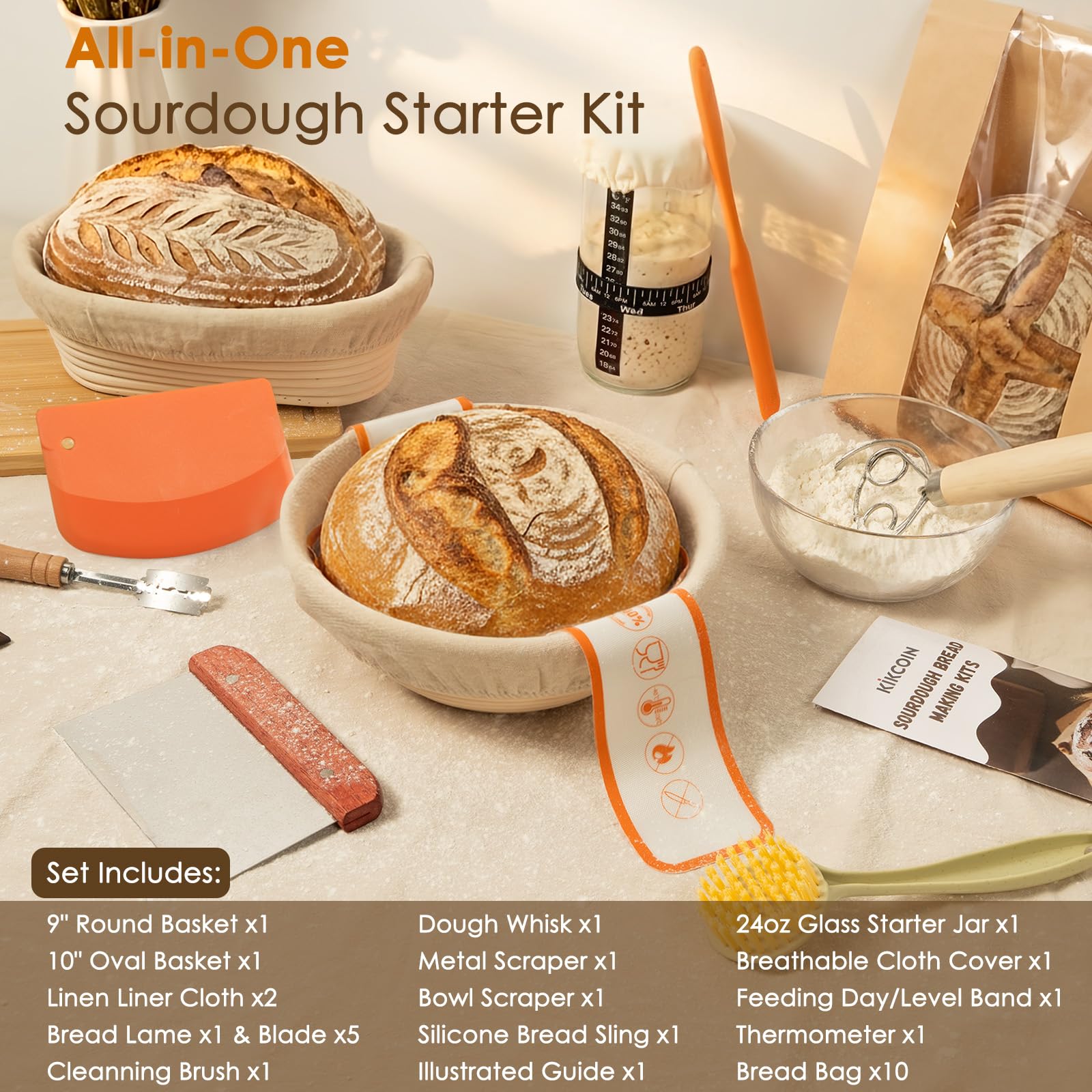 Kikcoin 13 PCS Sourdough Starter Kit with Round & Oval Banneton, Sourdough Bread Baking Supplies with Handmade Baskets, Bread Proofing Basket with Starter Jar, Bread Making Tools Kit for Beginners