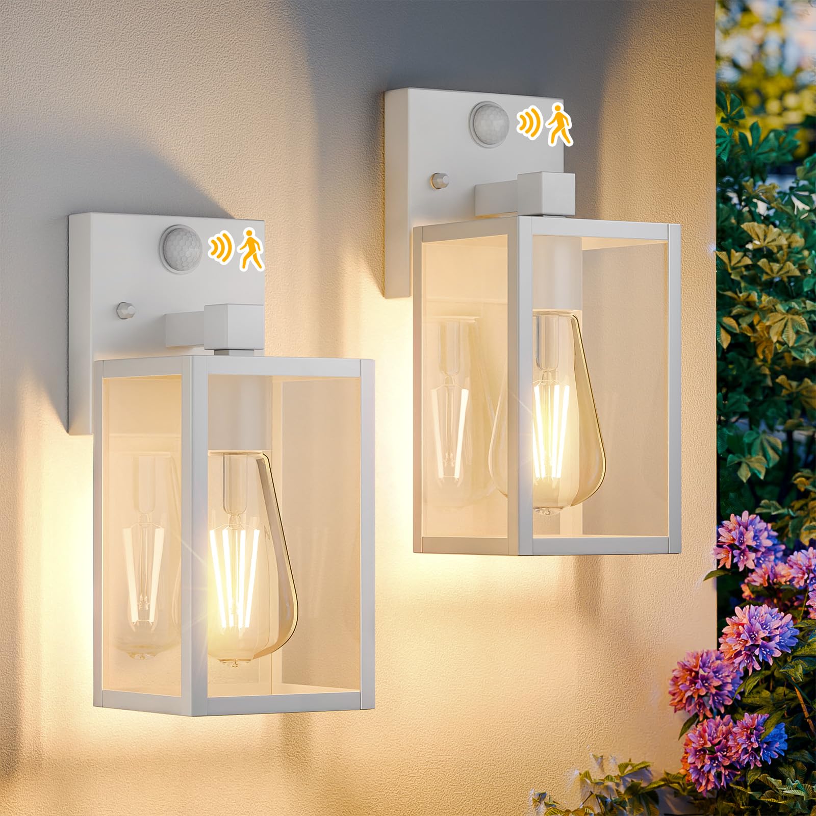 2 Pack White Motion Sensor Outdoor Light Fixtures Wall Mount, Dusk to Dawn Front Porch Lights for House, Exterior Wall Sconce, Waterproof Lantern Lamp,Outside Coach Light for Garage Entryway Yard