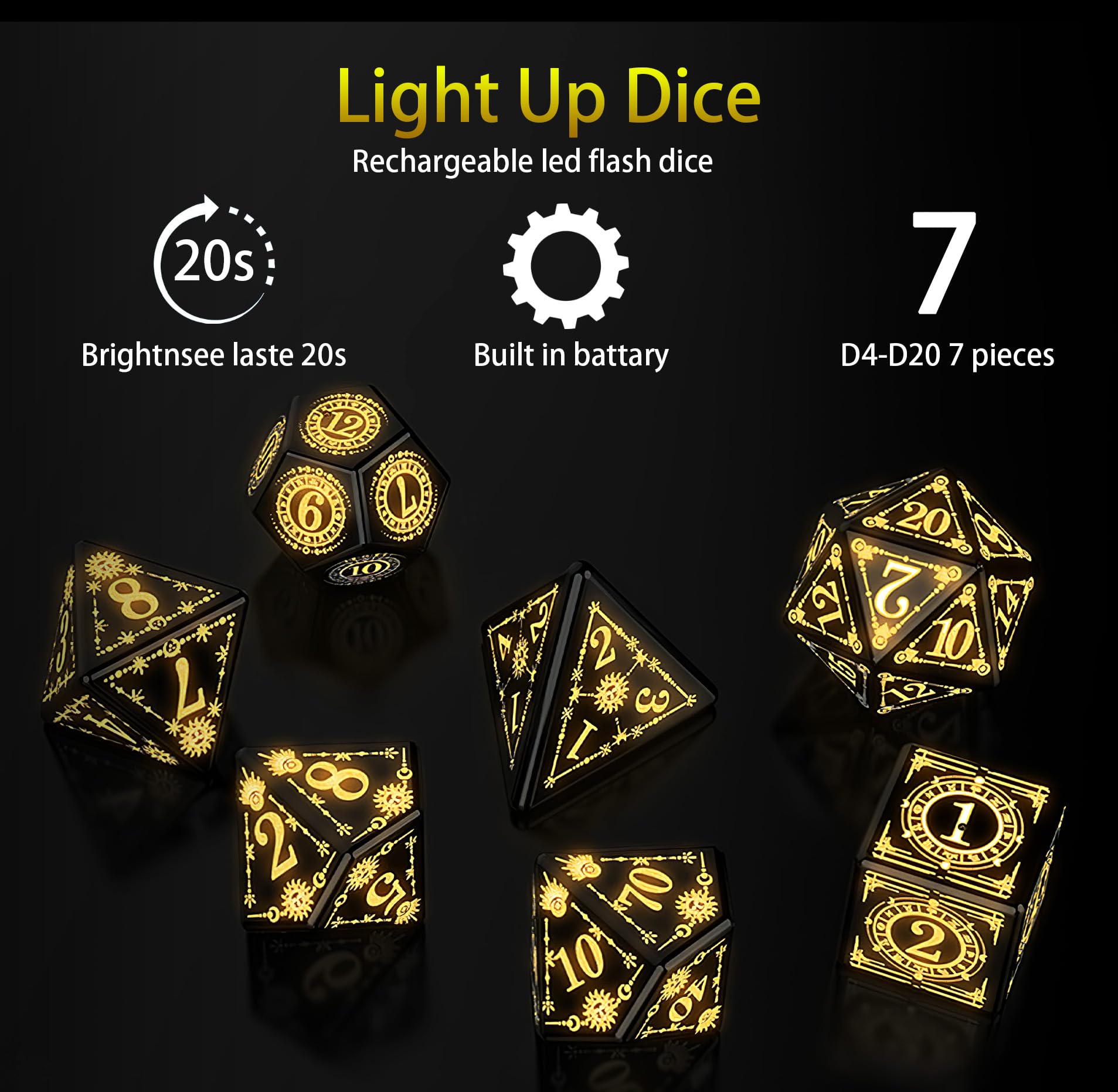 ORUZA Light up Dice Set, 7 PCS Rechargeable LED DND Dice with Charging Box - Image 2