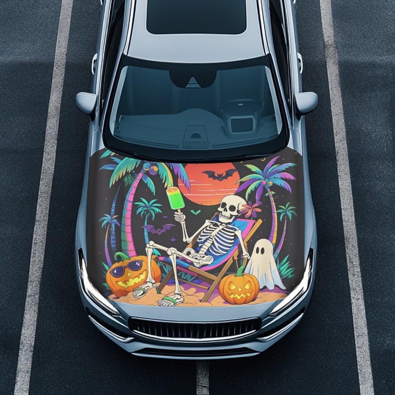 Halloween Decor Car Hood Cover, Halloween Hawaii Vacation Skeleton Washable Elastic Auto Hood Protector, Funny Ghost Pumpkin Beach Skull Car Bonnet All-Season Protection