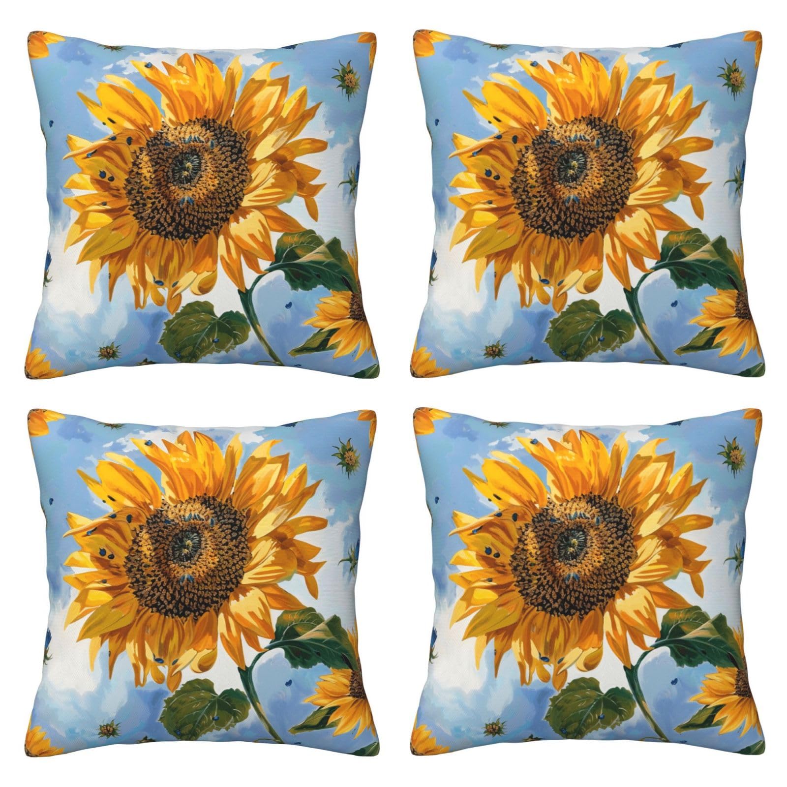 Sunflowers Throw Pillow Cases 4 Pack Square Pillowcases Super Soft Pillow Protectors With Zipper for Couch Livingroom Sofa Bed Office Car,45x45 CM
