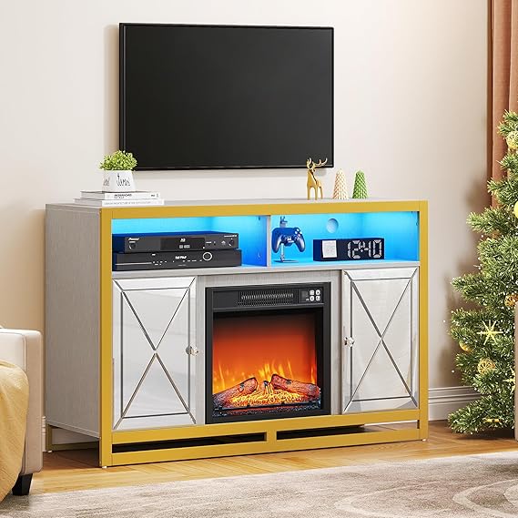 DWVO LED Mirrored Fireplace TV Stand for up to 55 Inch TV, Entertainment Center for Living Room w/ 3D Realistic Flame Effect Electric Fireplace, Media Console Cabinet 400lbs, Silver Grey/Gold