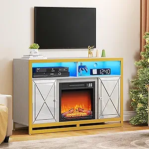 DWVO LED Mirrored Fireplace TV Stand for up to 55 Inch TV, Entertainment Center for Living Room w/ 3D Realistic Flame Effect Electric Fireplace, Media Console Cabinet 400lbs, Silver Grey/Gold