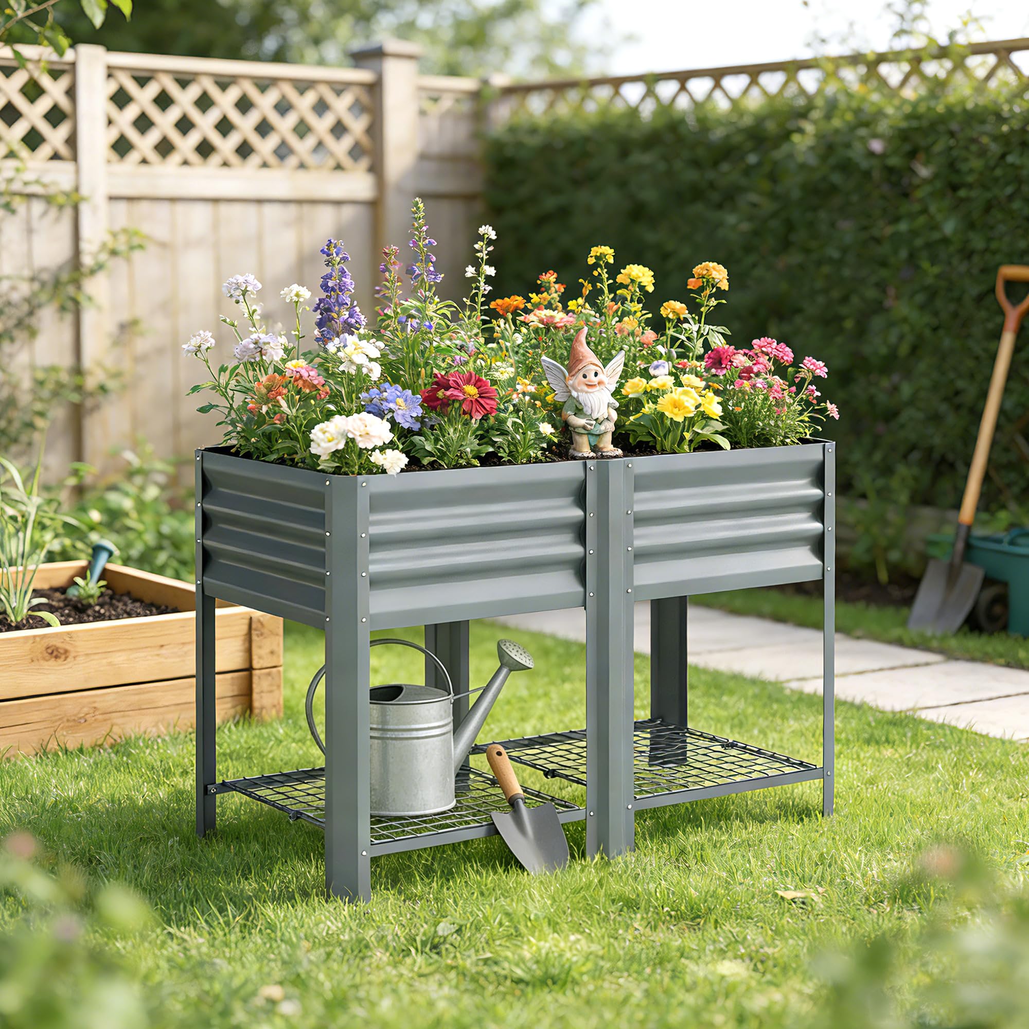 Outsunny Huerto Urbano Elevado con Estante Inferior, Mesa de Cultivo de Metal Galvanizado con Forro y Guantes, para Cultivo, Plantas y Flores, 120x55x80 cm, Gris Plateado
