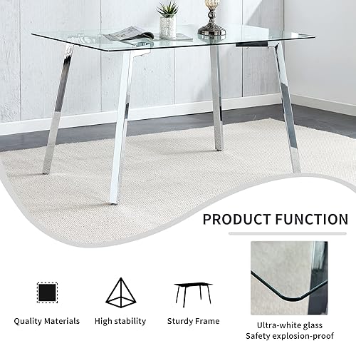 Miniatura 7 de Mesa de comedor de vidrio para 4-6, parte superior de vidrio rectangular transparente, mesa de cocina moderna de vidrio templado de 51 pulgadas con